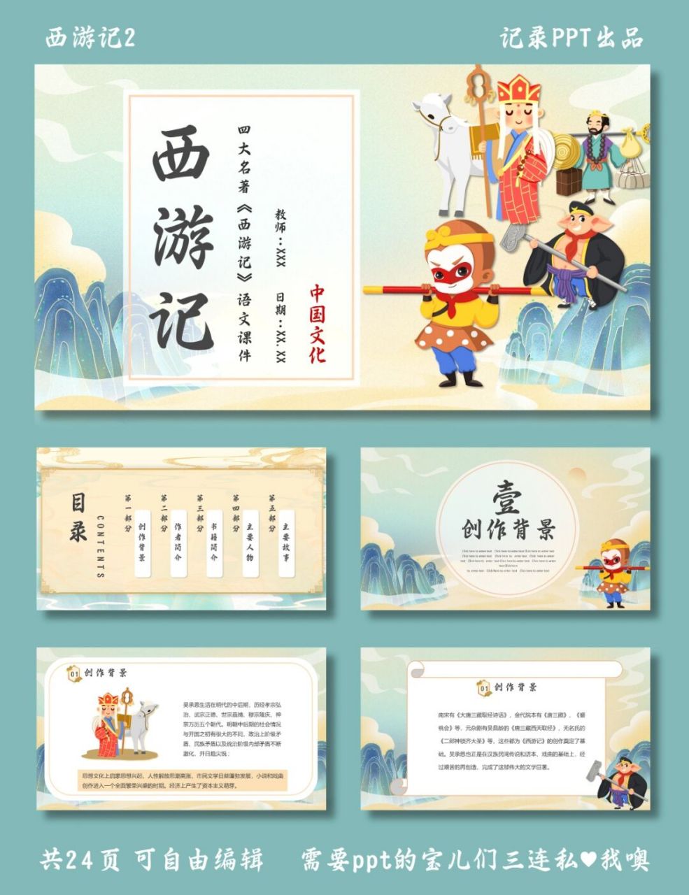 西游记语文课件 西游记2 ppt模板 目录包括 ①创作背景 ②作者吴承恩