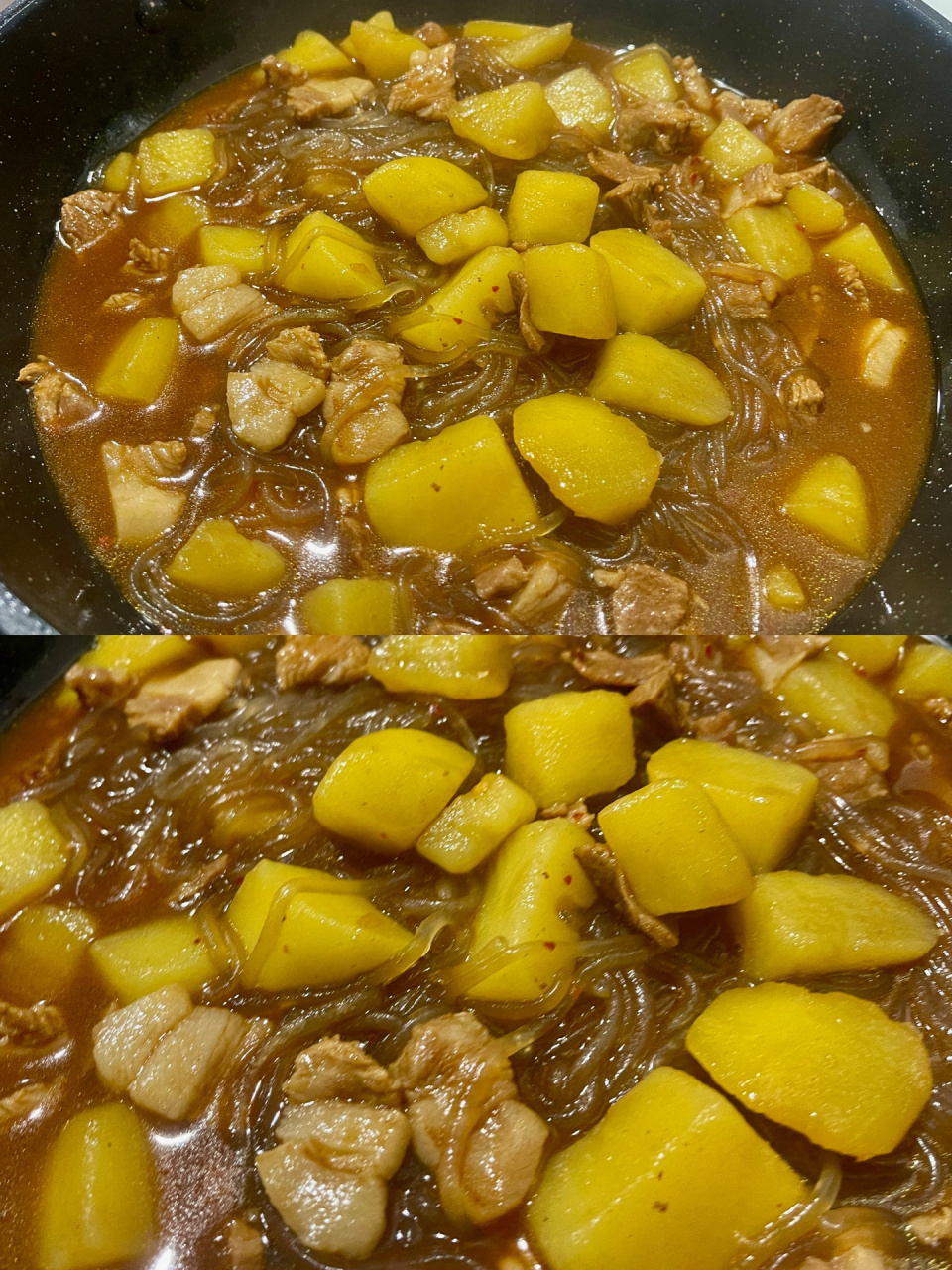 土豆炖粉条 食材: 土豆,粉条,肉 做法 ①粉条用凉水泡上,土豆快切好洗