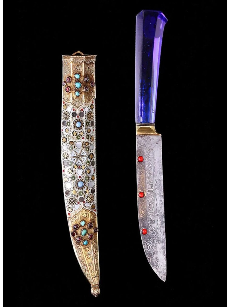 刀,蓝色玻璃刀柄,象牙刀鞘,镶嵌有宝石.土耳其,奥斯曼帝国,18-19世纪