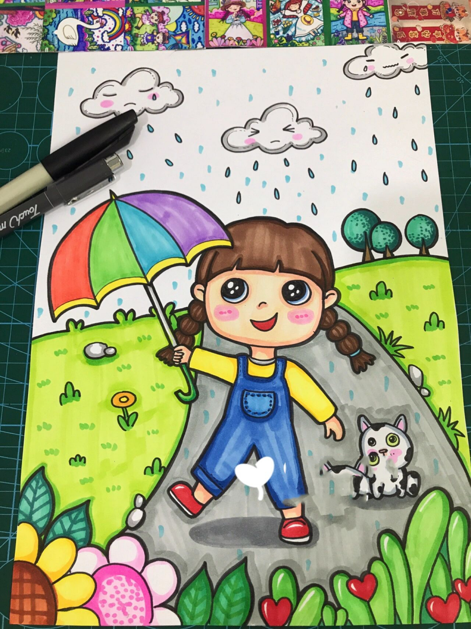 绘画/夏天主题儿童画/下雨天卡通画      夏天主题绘画/下雨天打伞