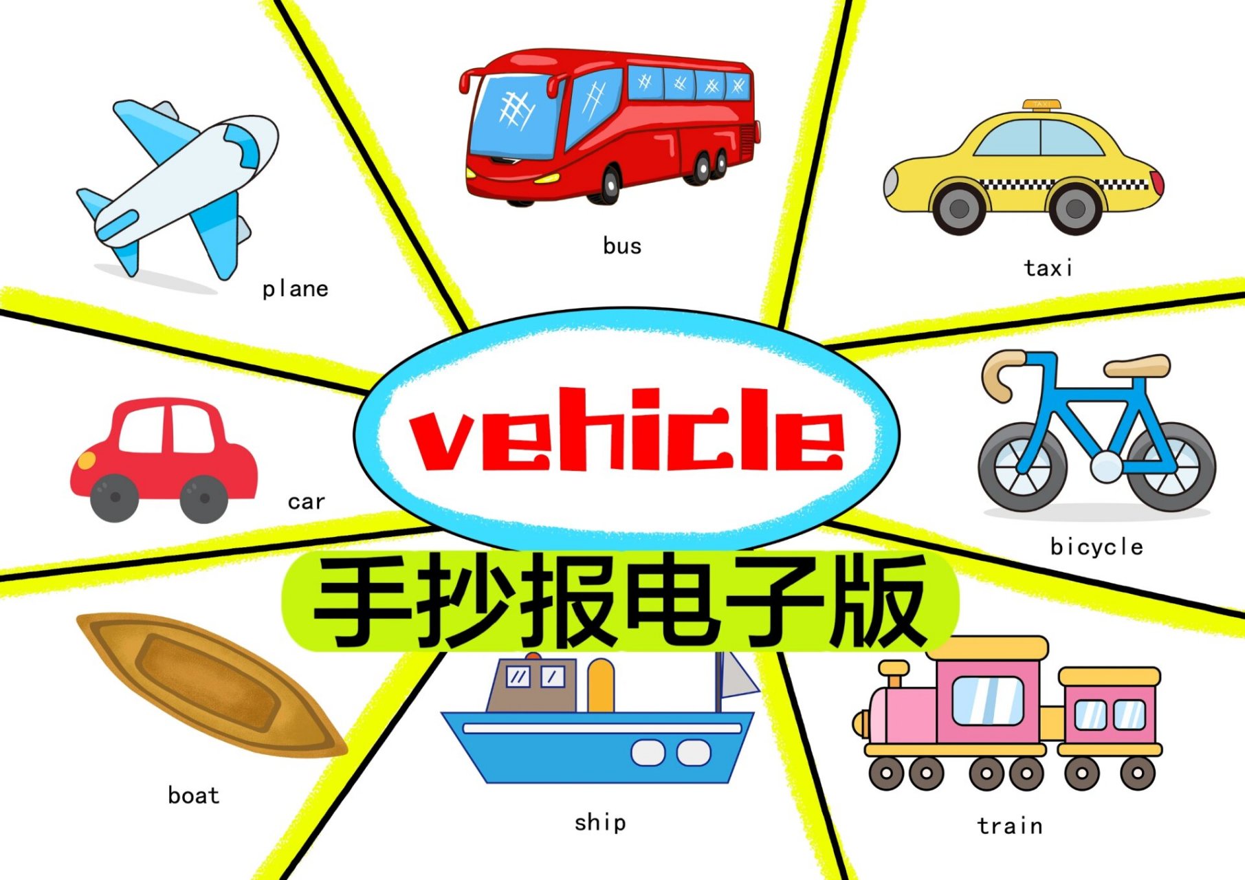 d520交通工具英语手抄报电子版黑白线稿可以打印涂色,viehicle 手抄报