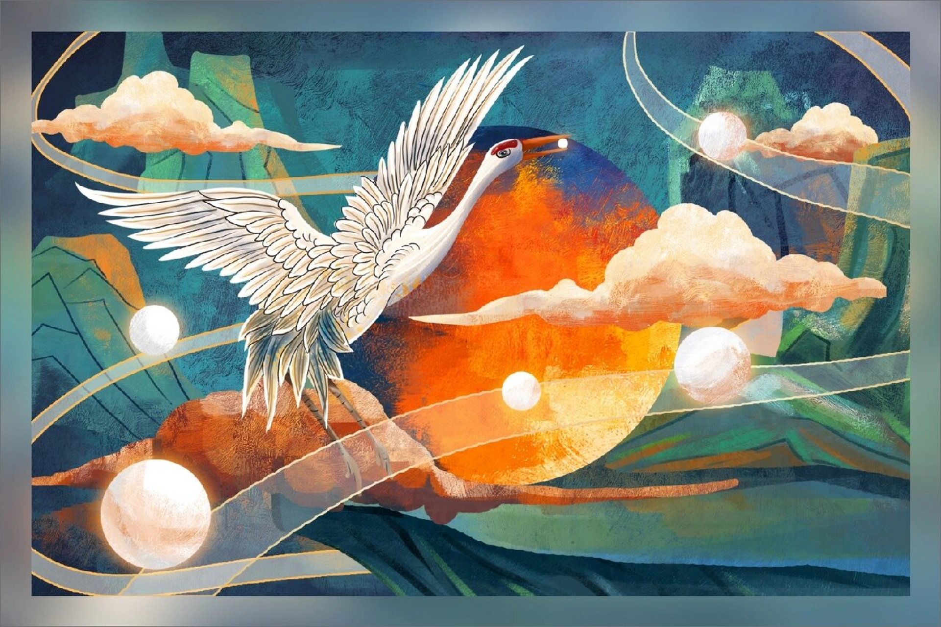 插画分享 | 重彩仙鹤腾飞中国风(7) 仙鹤举止优雅,仙姿飘逸的神态, 是