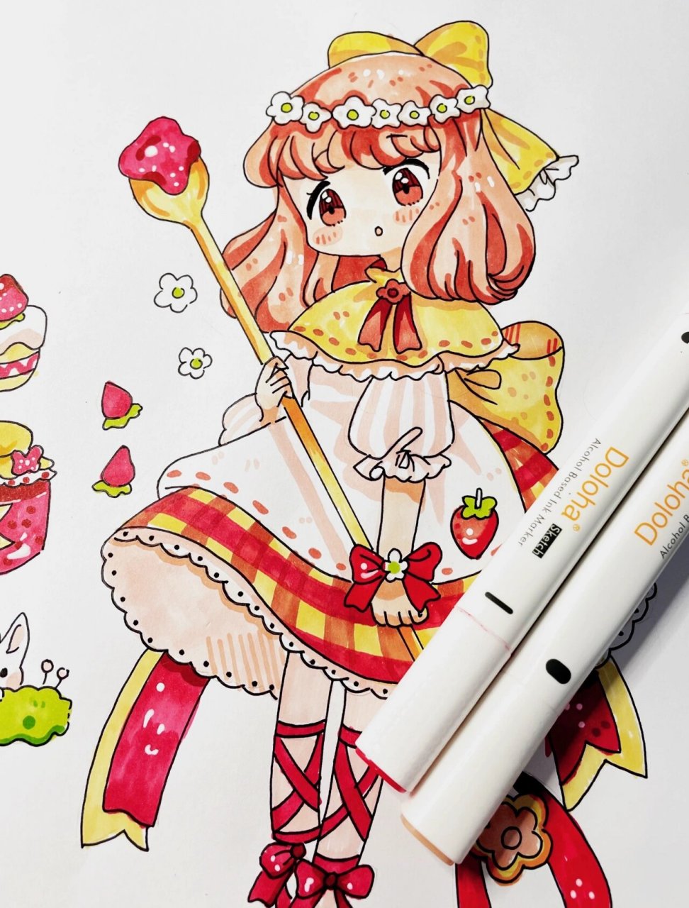 马克笔动漫人物手绘|甜甜的草莓女孩|含线稿 最近天气太炎热啦 大家要