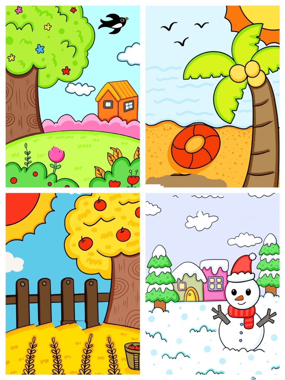 春夏秋冬主题画 四季风景画季节儿童画 春天夏天秋天冬天主题画来了