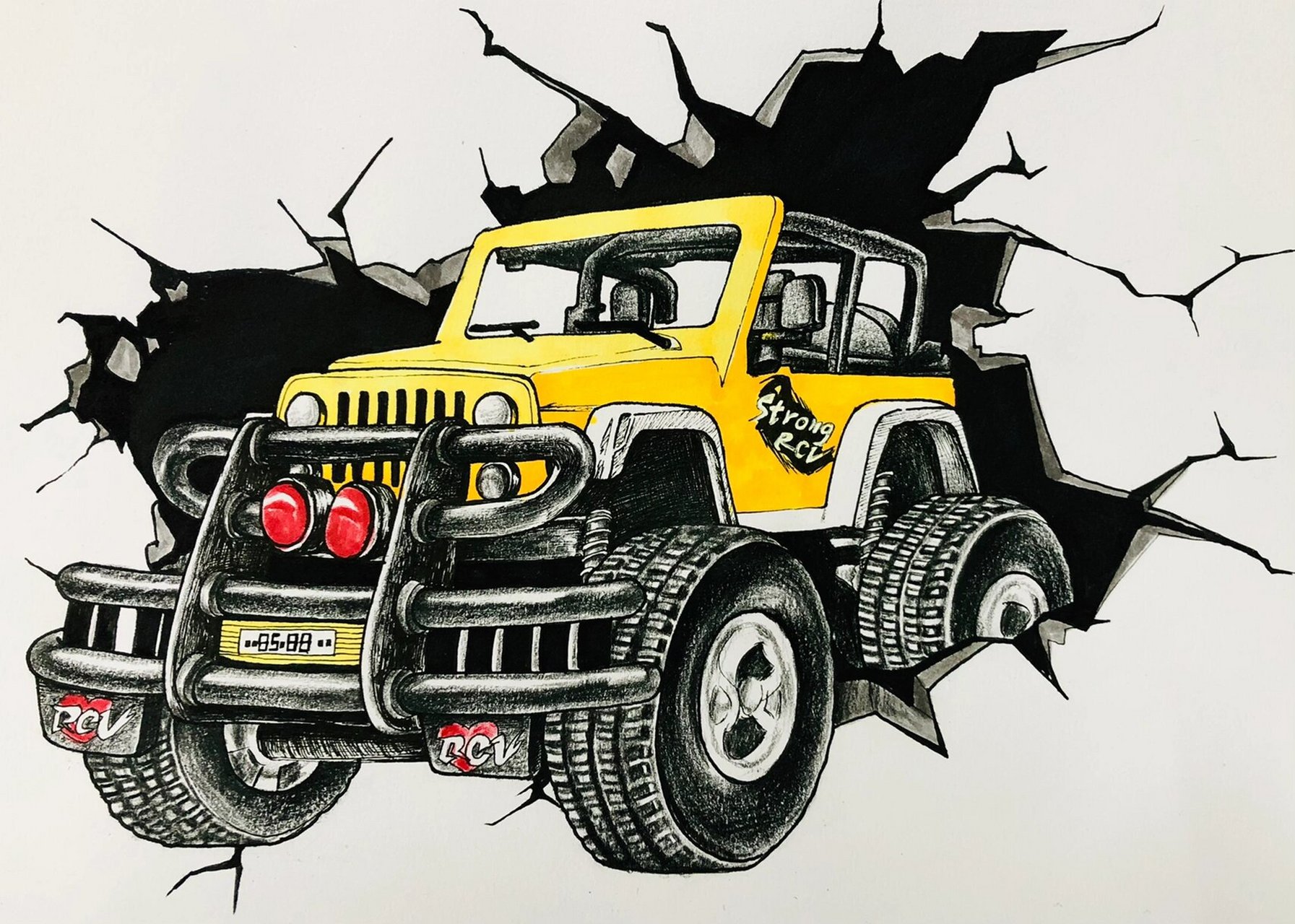 10岁创意美术线描写生《吉普车》