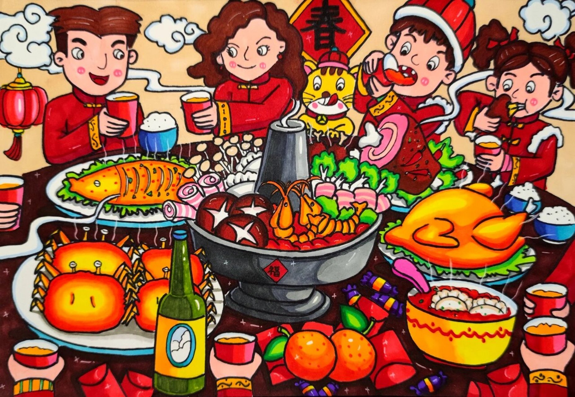 新年主题画《年夜饭》马克笔儿童创意美术 新的一年,新的开始,一起