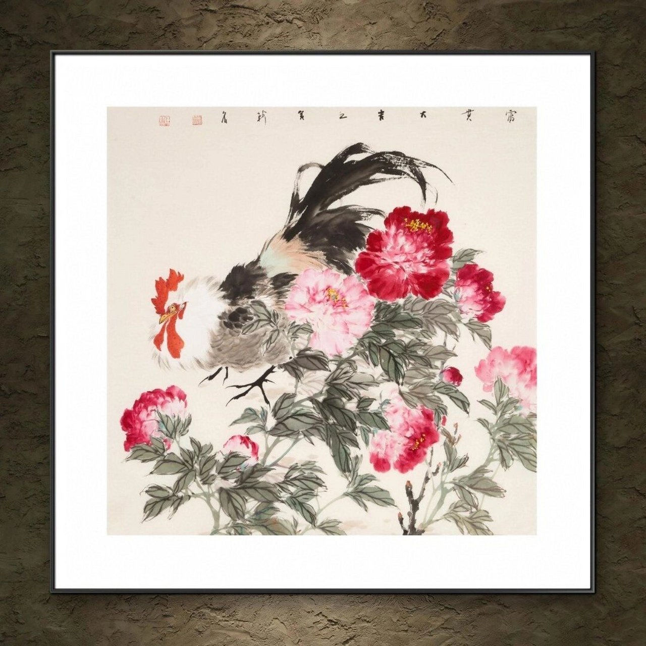 客厅牡丹公鸡画 花鸟画 玄关挂画 陈薪名原创手绘 69*69cm 家庭进门