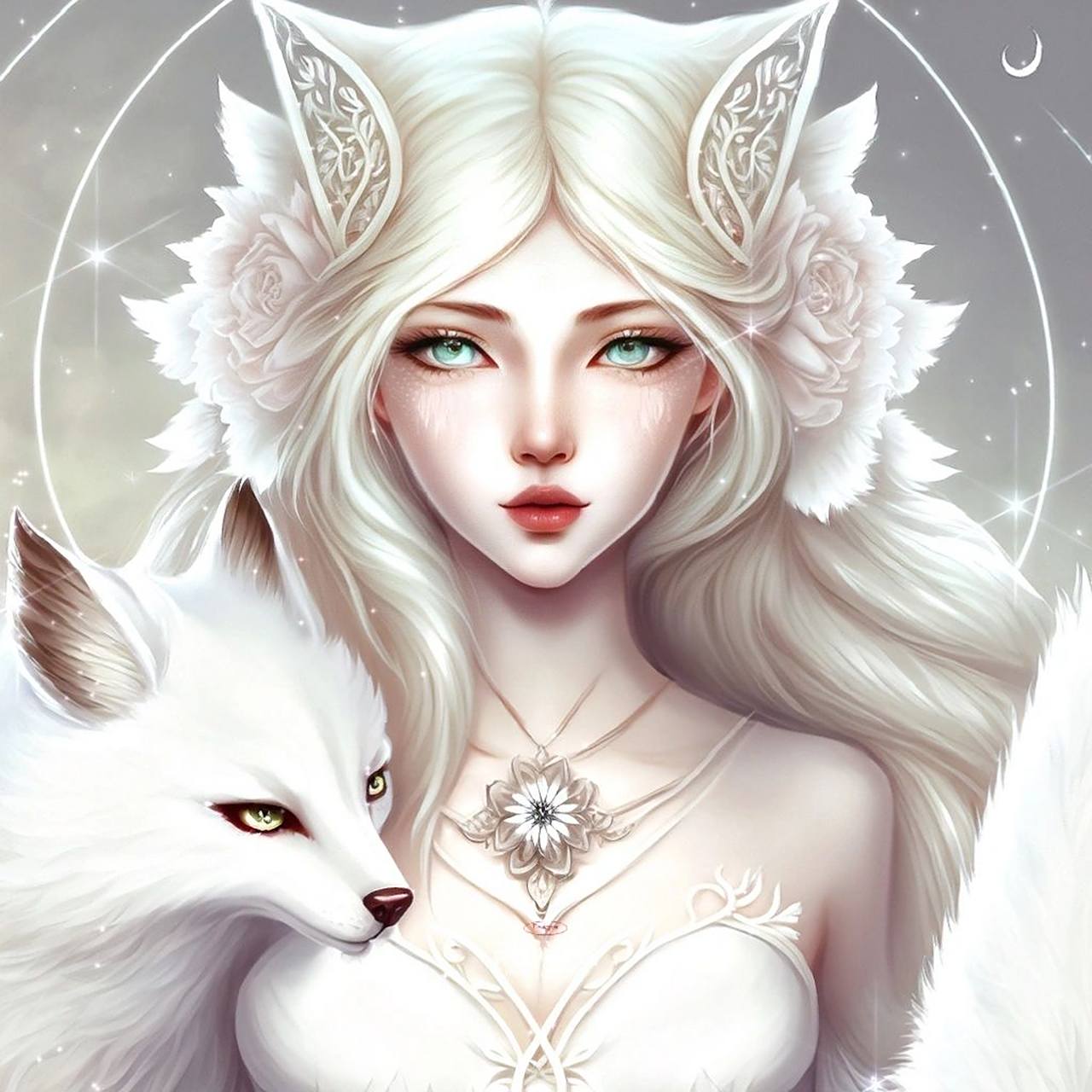 【ai绘画】78狐妖系列之白狐 传说九尾狐过了一千年就可以化为人形