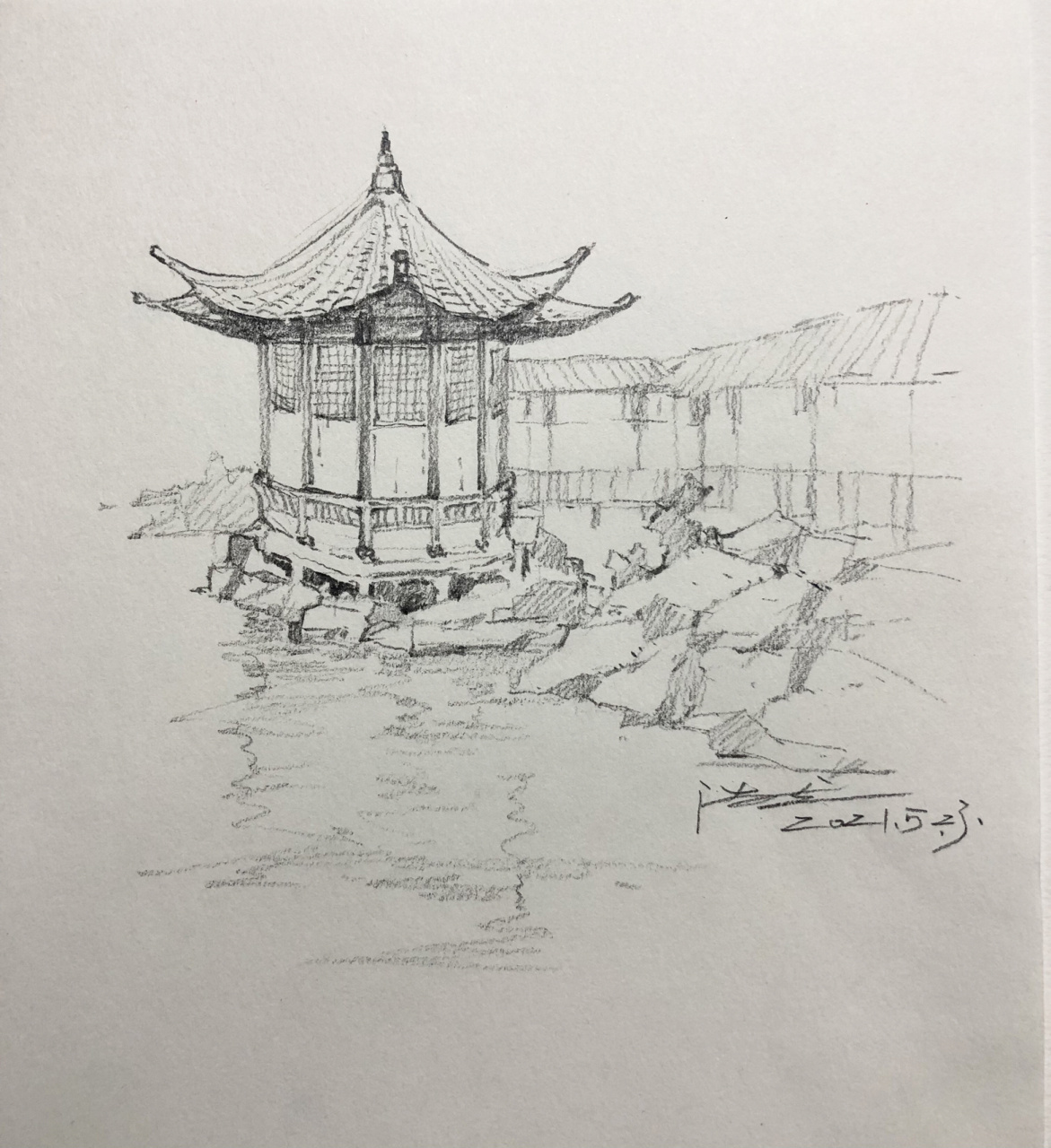 苏州园林局部速写小景 速写一直是比较重要的训练方式 拍了一个步骤图