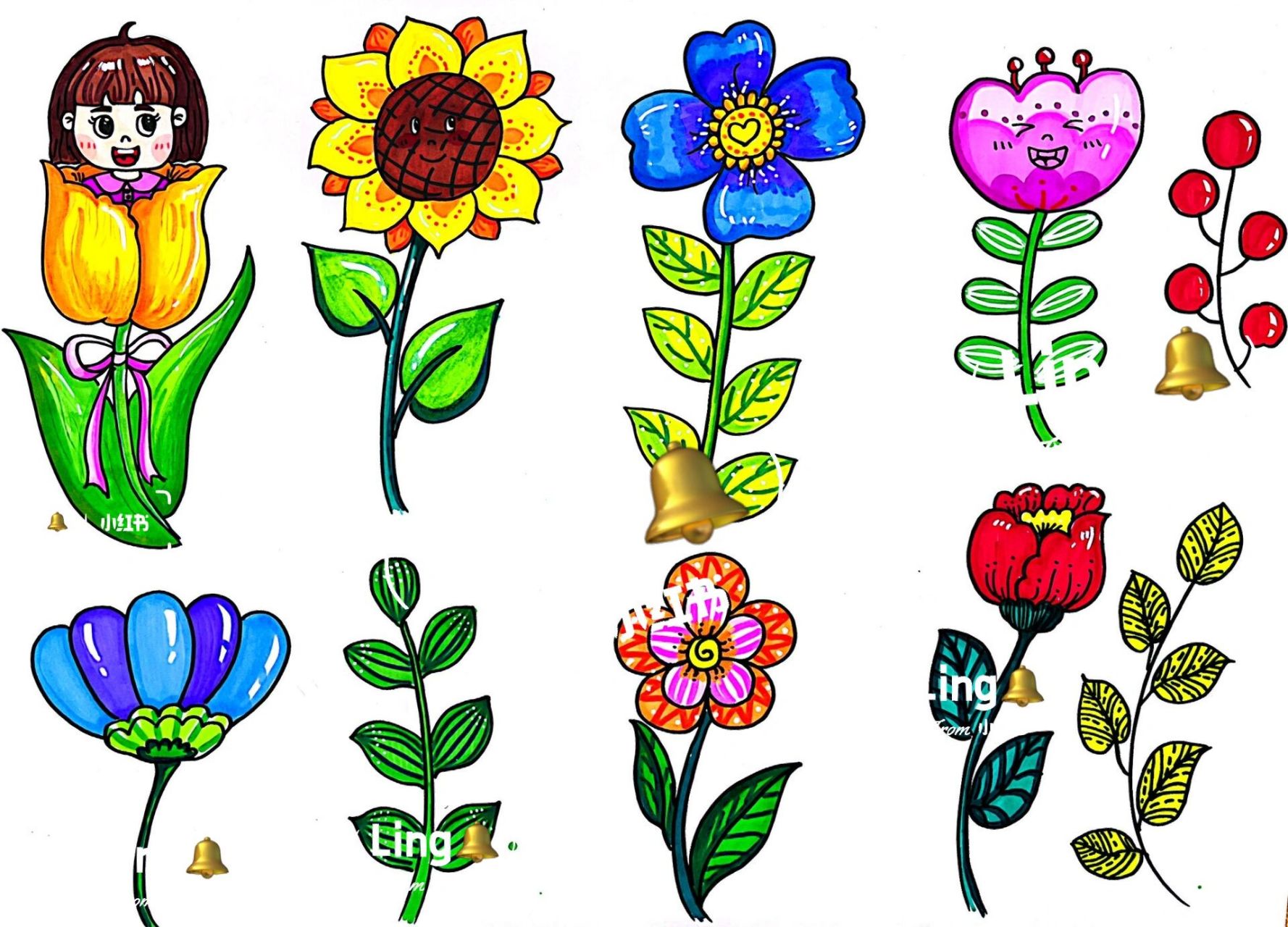 手绘素材—花卉简笔画 可用于母亲节创意绘画,手工等 教师节主题绘画