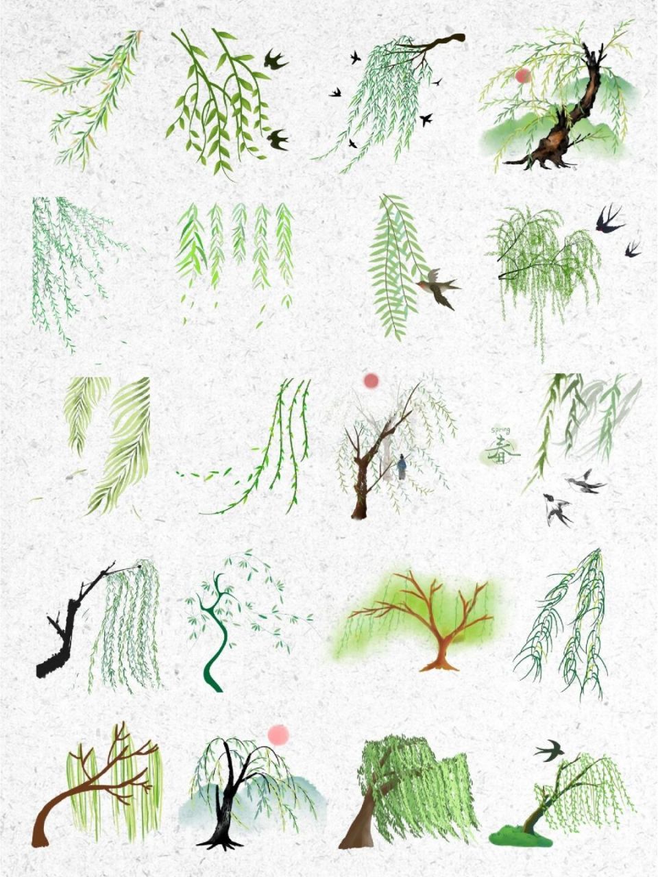 97素材库|柳树柳枝免抠png手账素材 90无心插柳柳成荫 90柳树