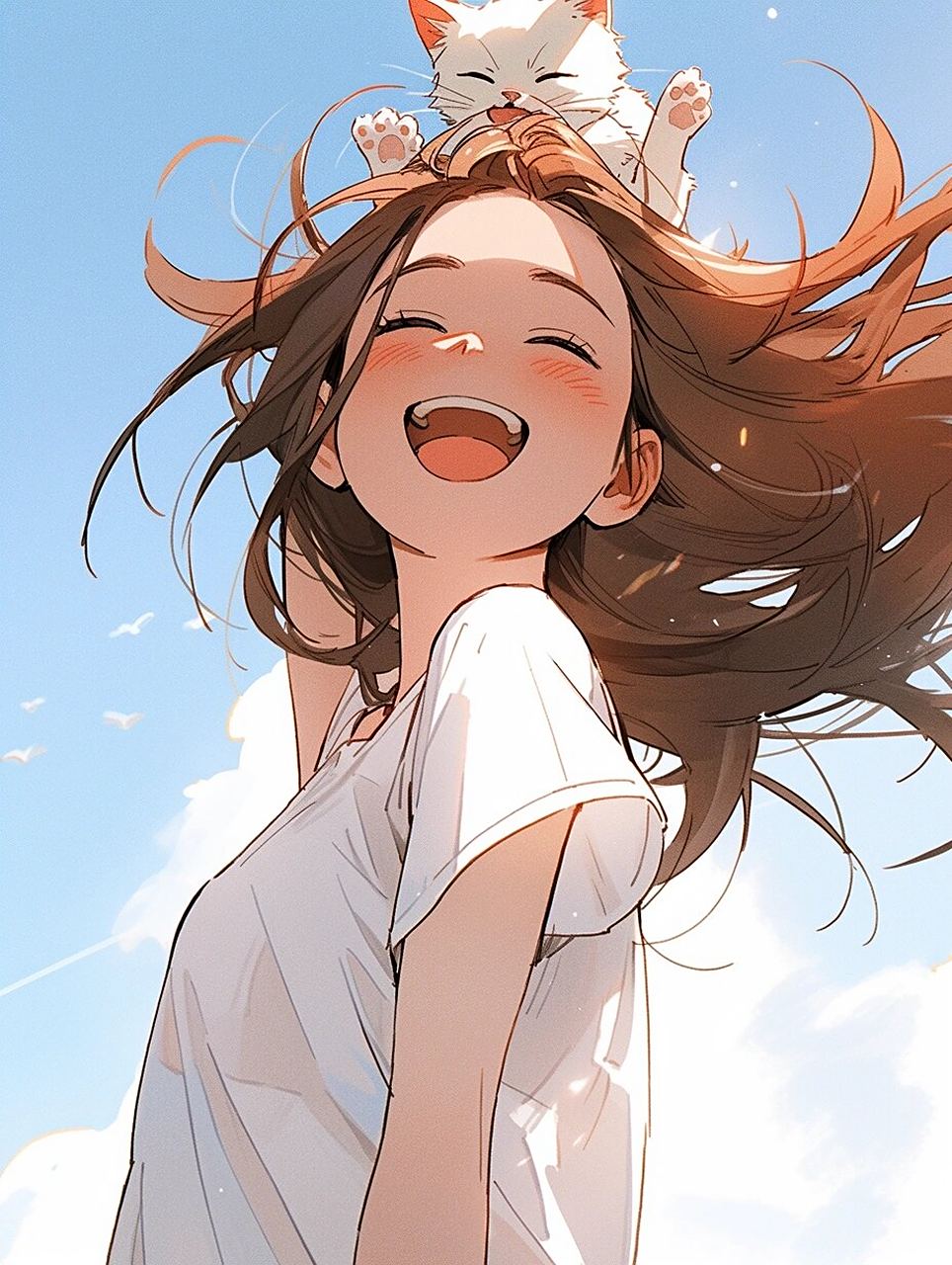 【动漫女生头像】抱着猫开心大笑的女孩 阳光蓝天下, 笑的灿烂的女孩.