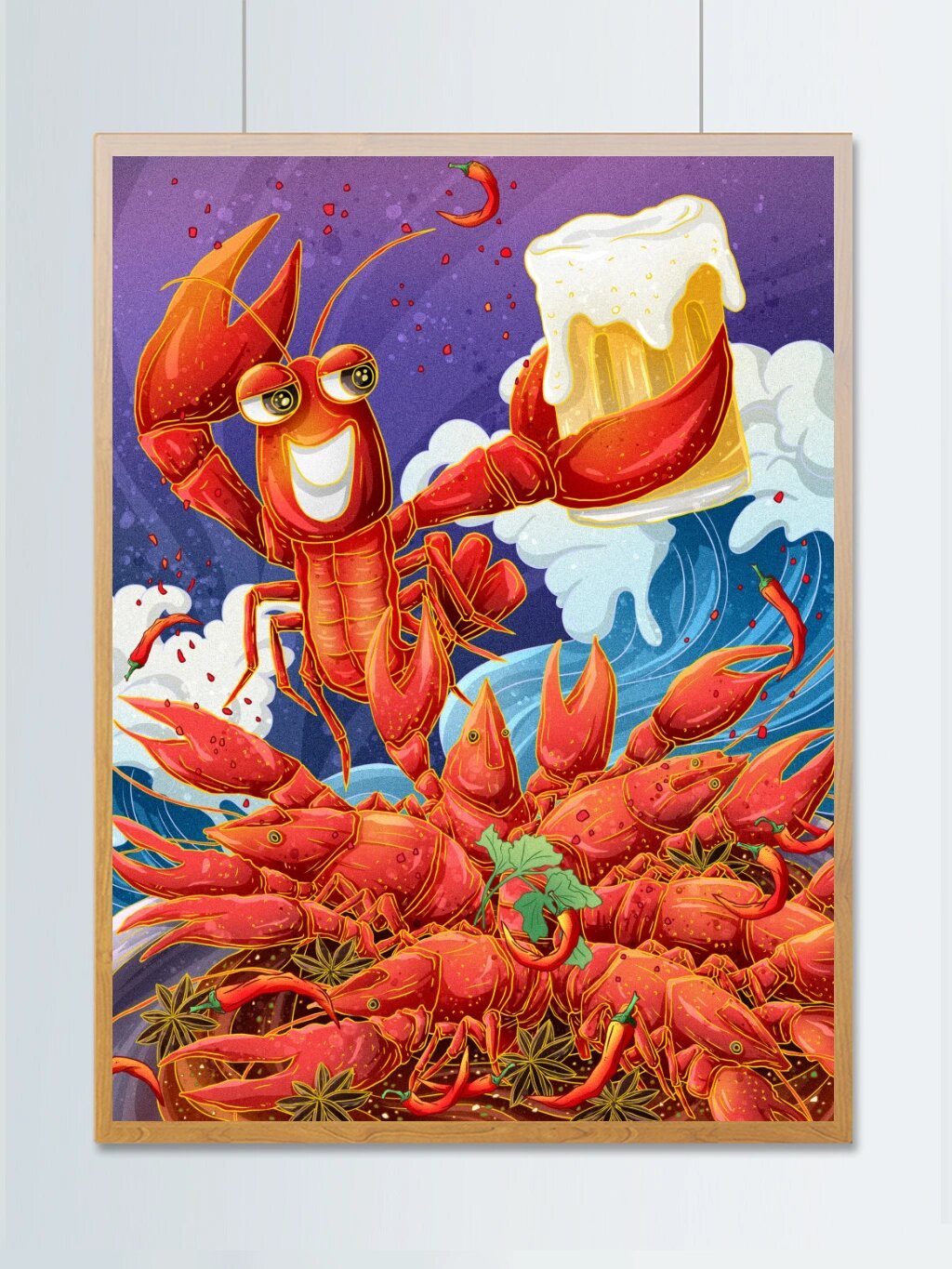 深夜放毒丨麻辣小龙虾插画设计 无辣不欢,啤酒90配小龙虾, 美食可爱