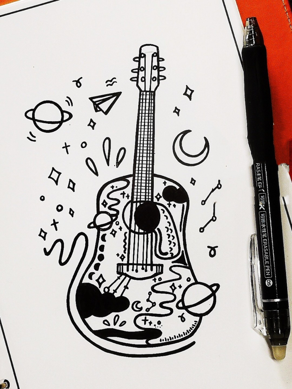 ✨吉他星球【易上手黑白简笔画附过程】 ✨君君画画打卡啦!