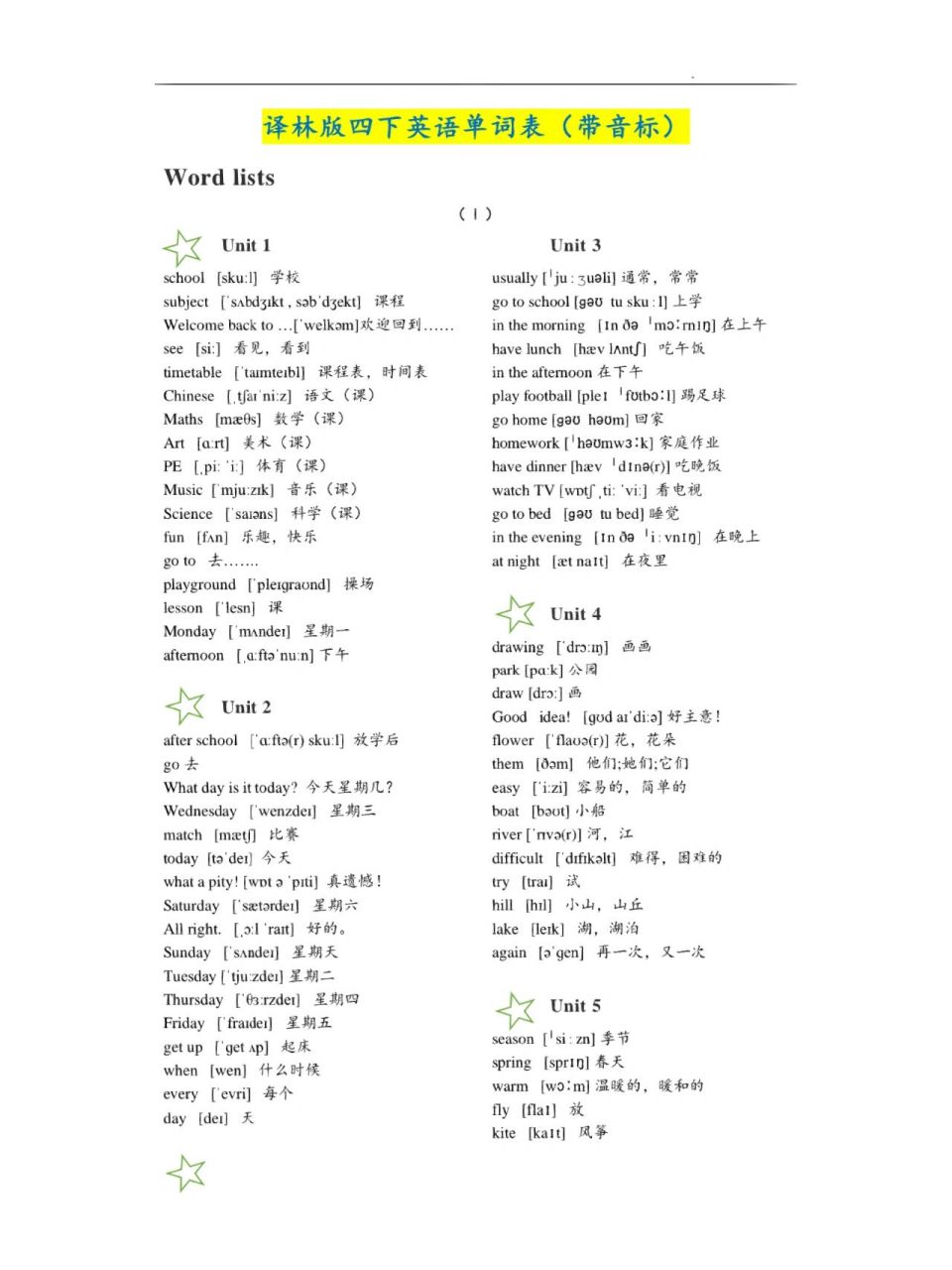 译林版四下英语单词表(带音标)