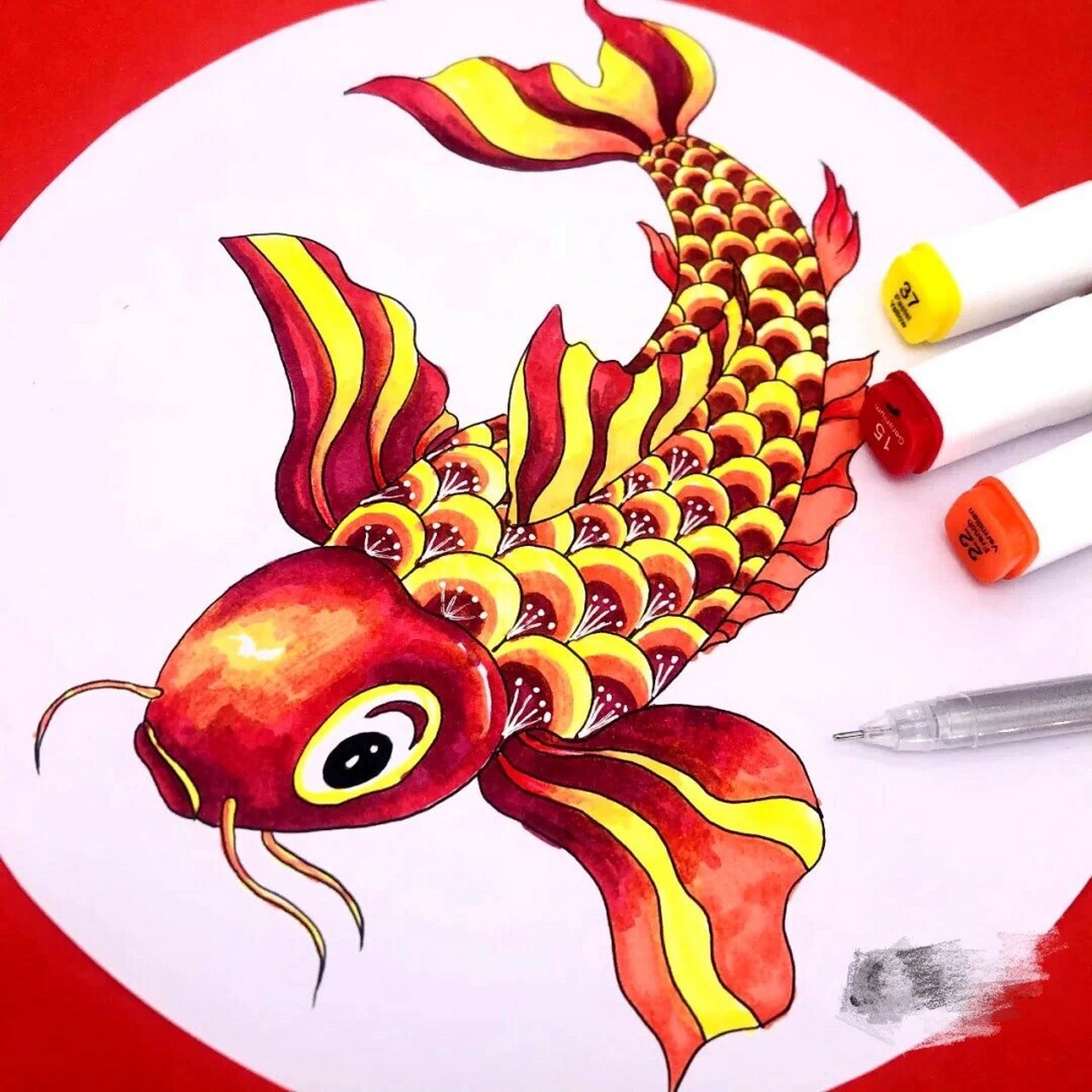 创意美术儿童画《锦鲤》 马克笔上色哦
