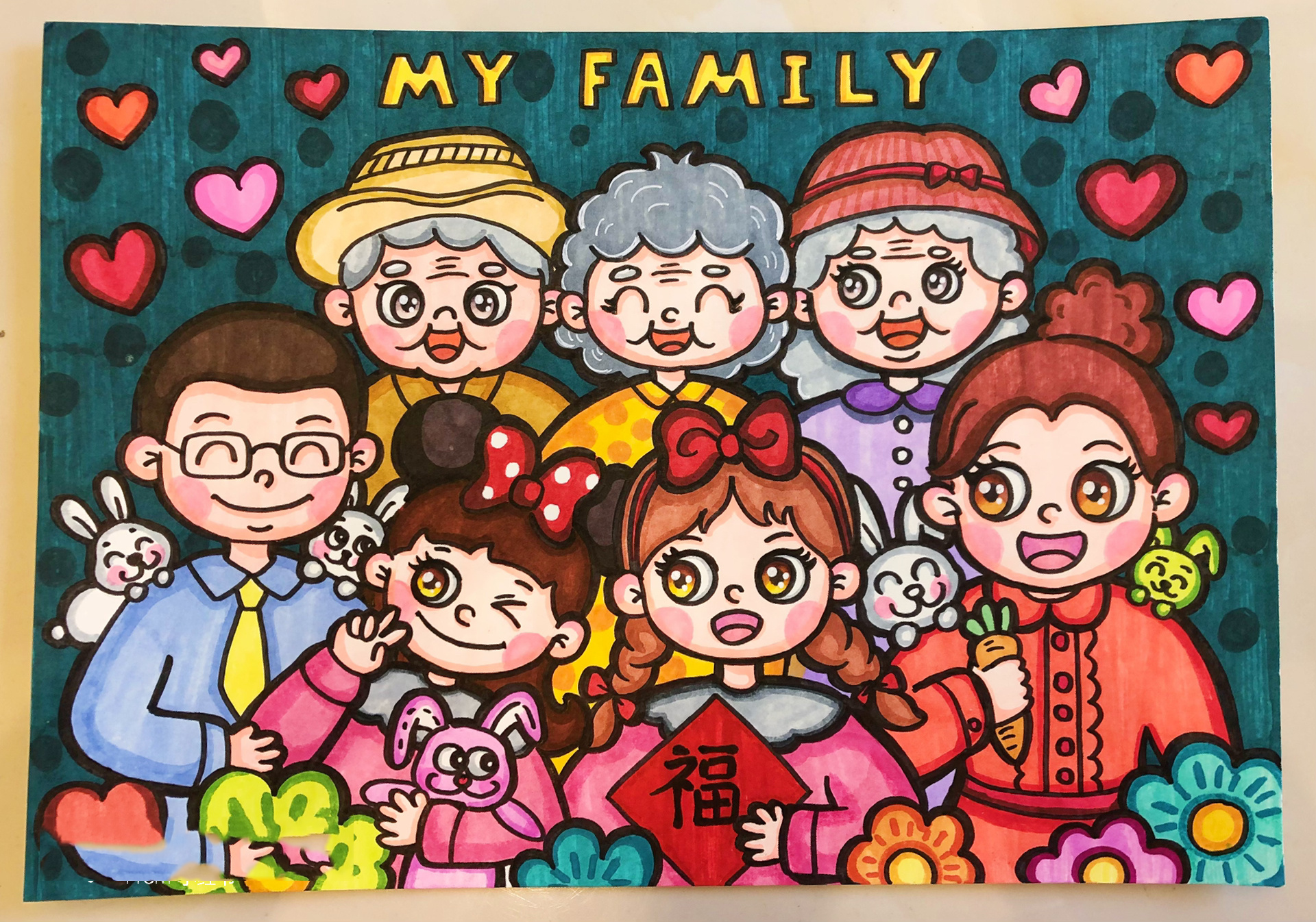 给朋友画的幸福一家人画来啦,人物主题画