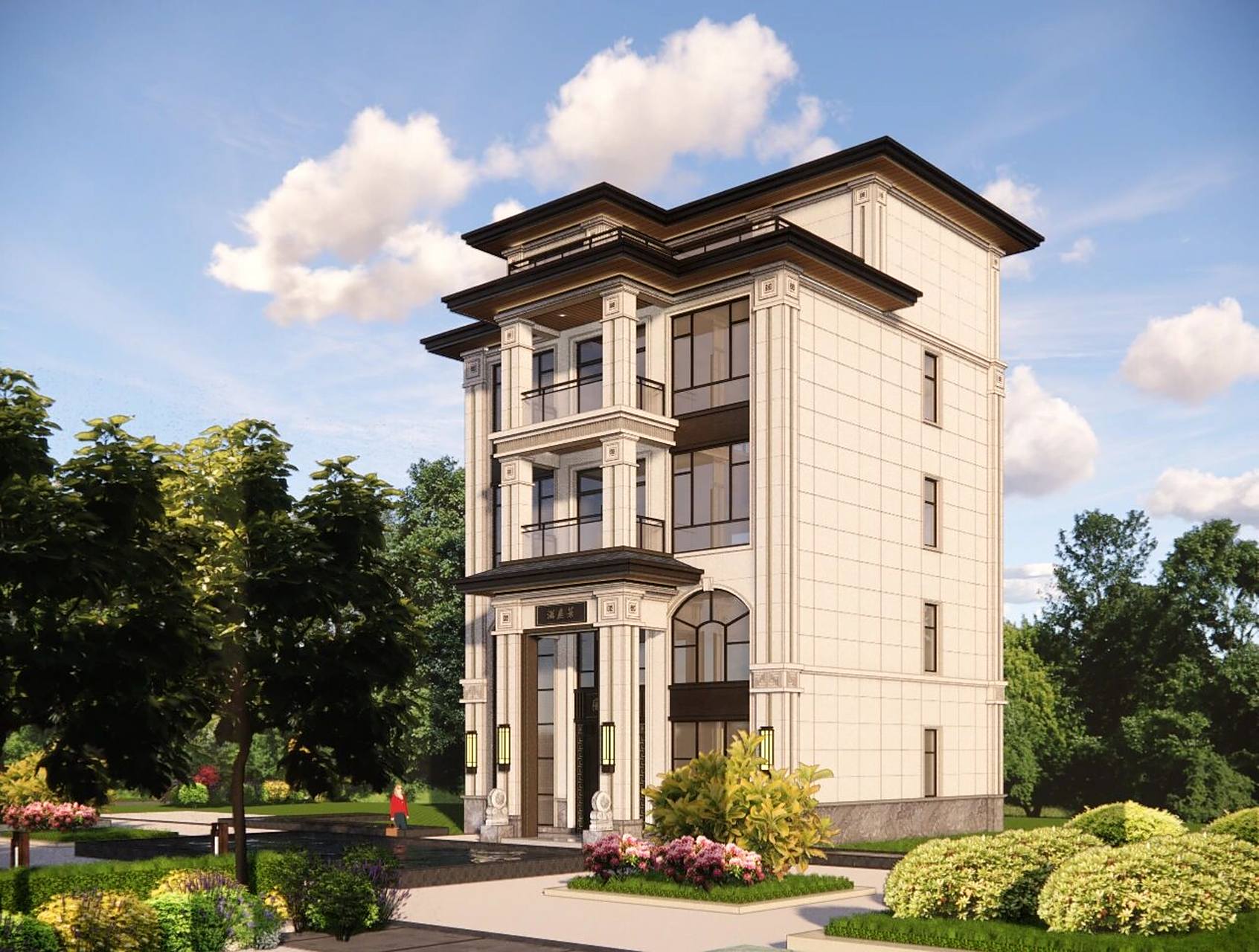 效果图设计 新中式 坚持传统又兼顾现代美感,将传统建筑构件简化成