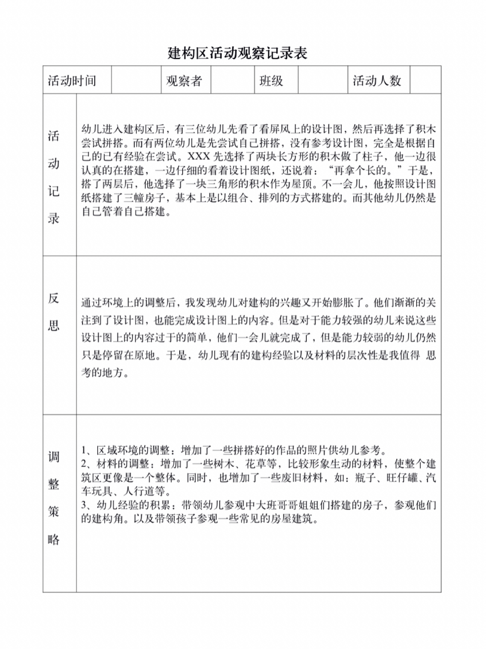 区域活动观察记录表小班建构区观察重点(幼儿园小班区域活动观察记录30篇建构区)