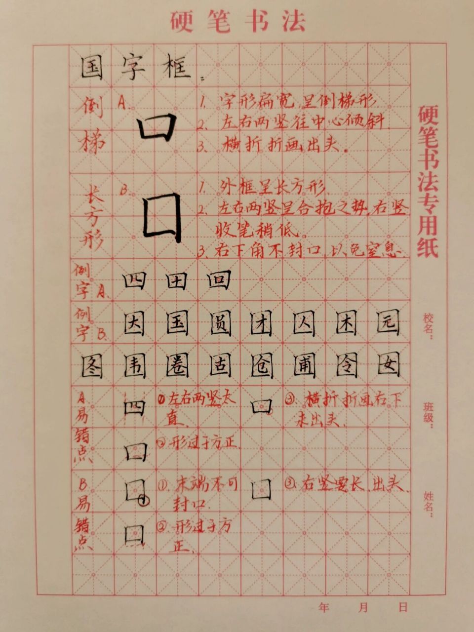 字形扁宽,呈倒梯形. 2.左右两竖往中心倾斜. 3.横折折画出头.