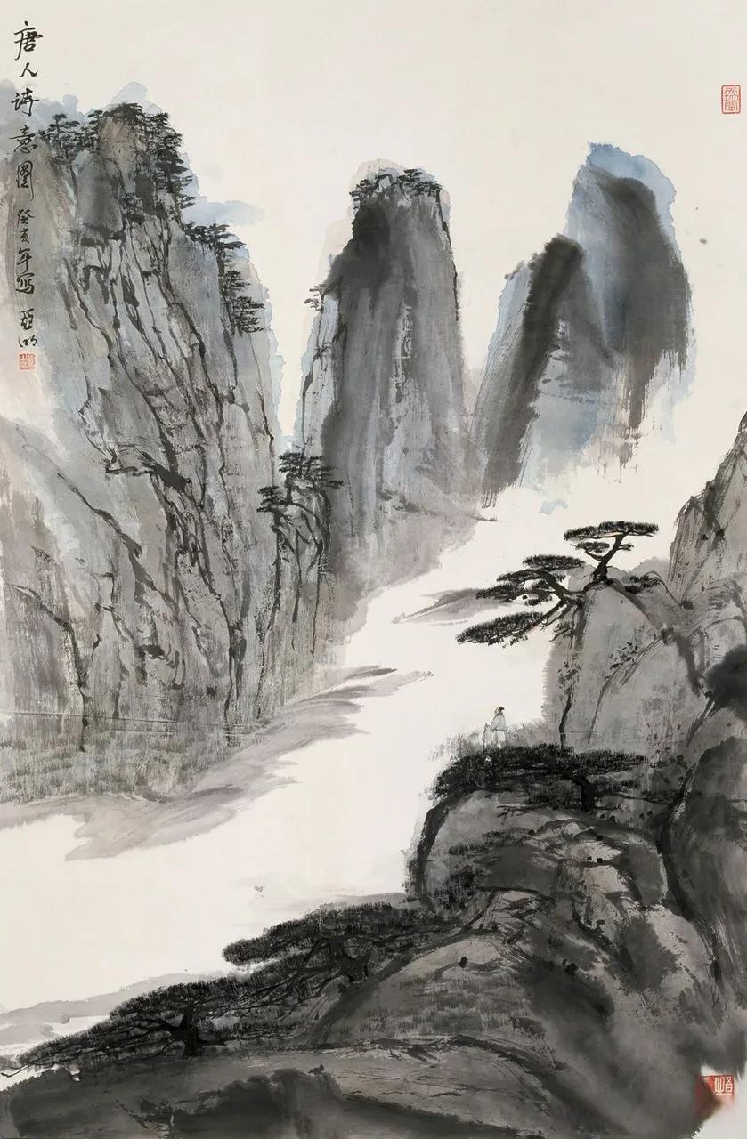 这是一组亚明的山水画,静谧江中,芦苇舟群,帆起帆落,绳索交错.