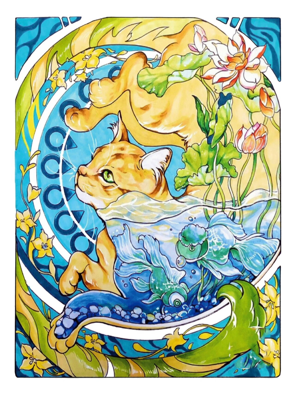 共生:猫与莲61自然题材 | 考研手绘-马克笔 主题:自然共生,动物