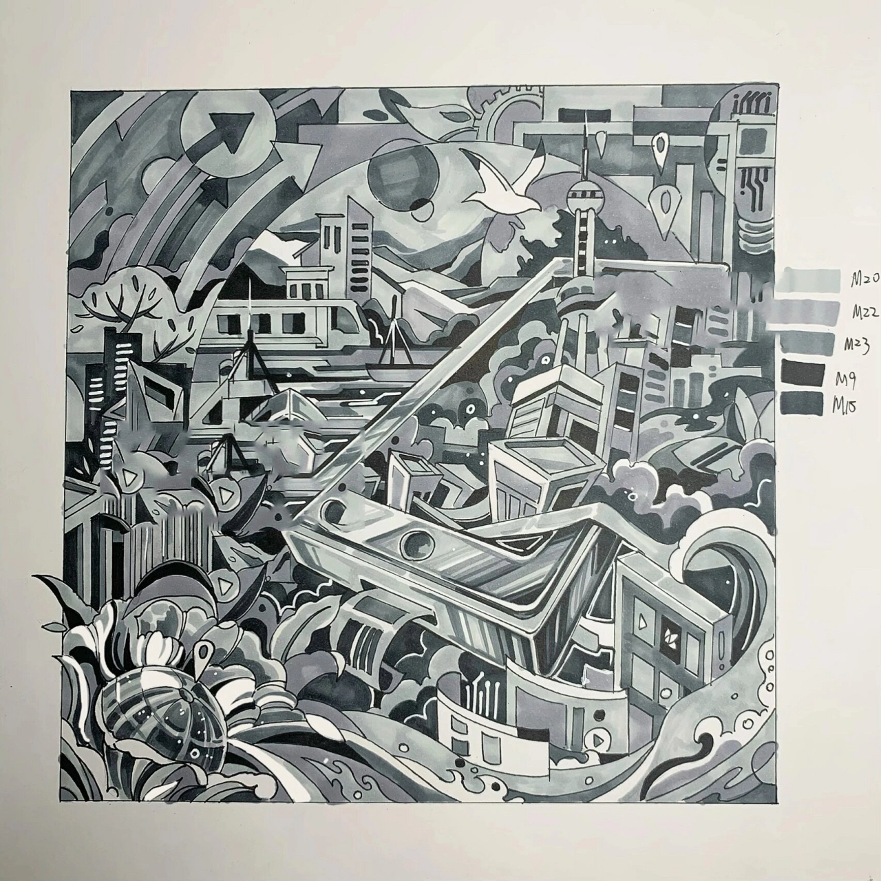 无彩色系装饰画——《城市印象》 无彩色系的装饰画可以训练画面的