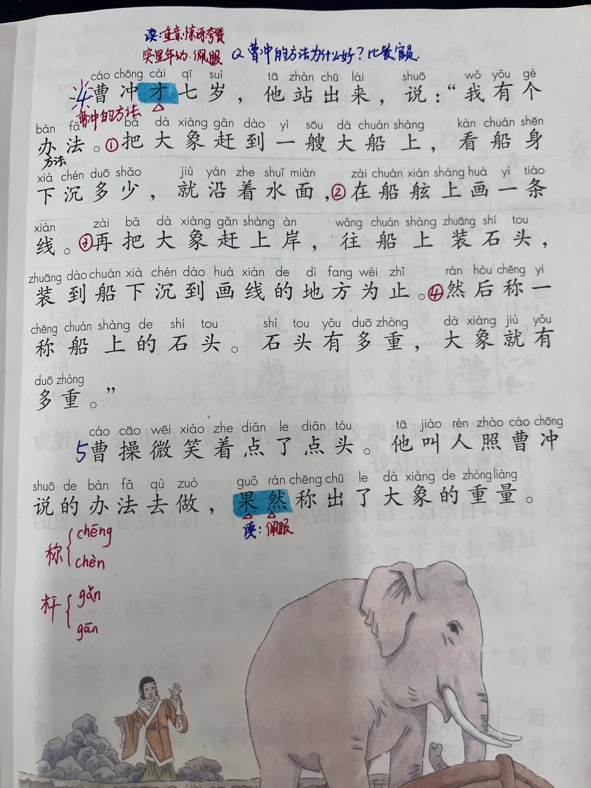 文章围绕"称象"问题展开,重点理解称象的四步骤,感受曹冲善于观察,爱