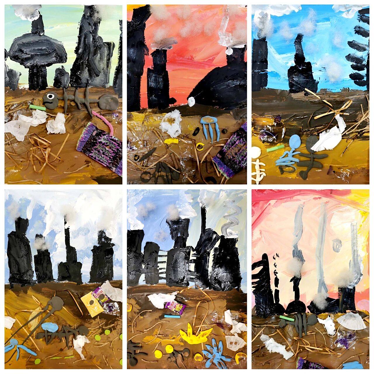 儿童画《环境被污染了》4-5岁小朋友作品 1,运用熟褐,土黄色混搭涂鸦