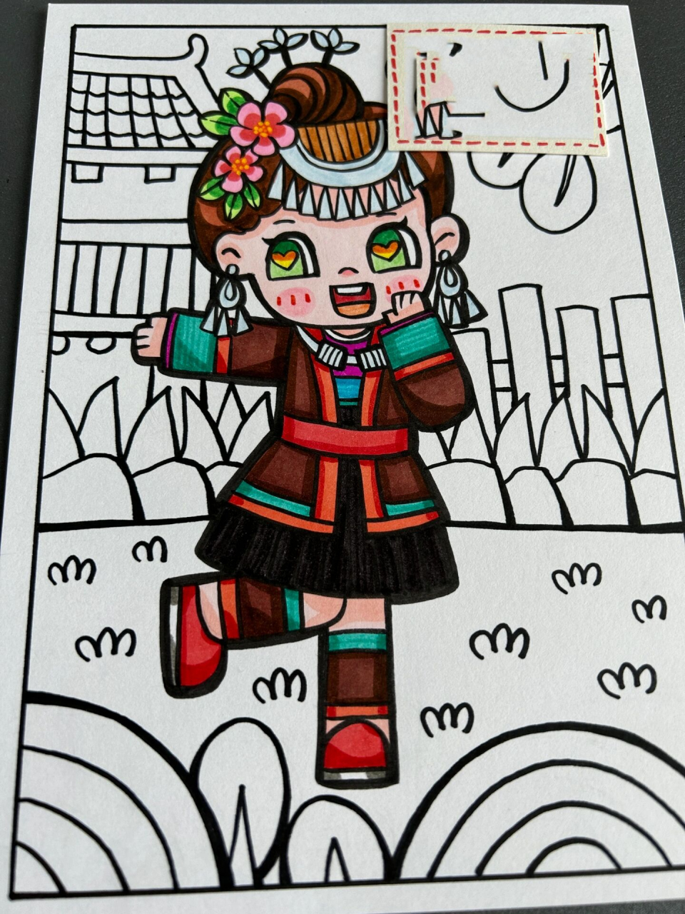 三月三人物儿童画 今天画的是侗族小姑娘