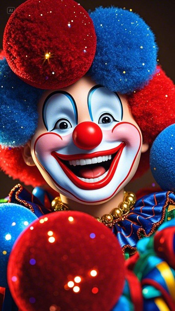 红色和蓝色天鹅绒球上快乐的小丑脸的特写,狂欢节主题,超现实的流行