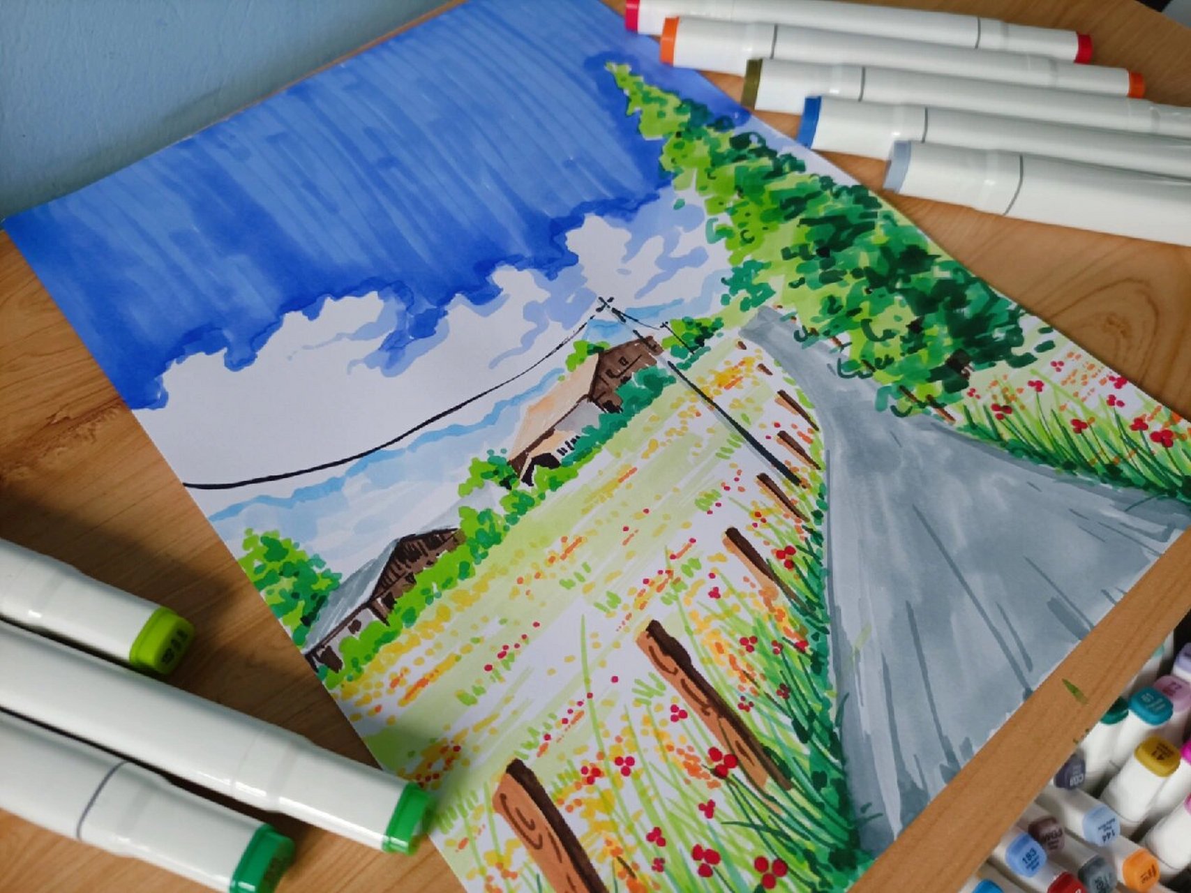 原创乡间小路|马克笔绘画 纯马克笔手绘