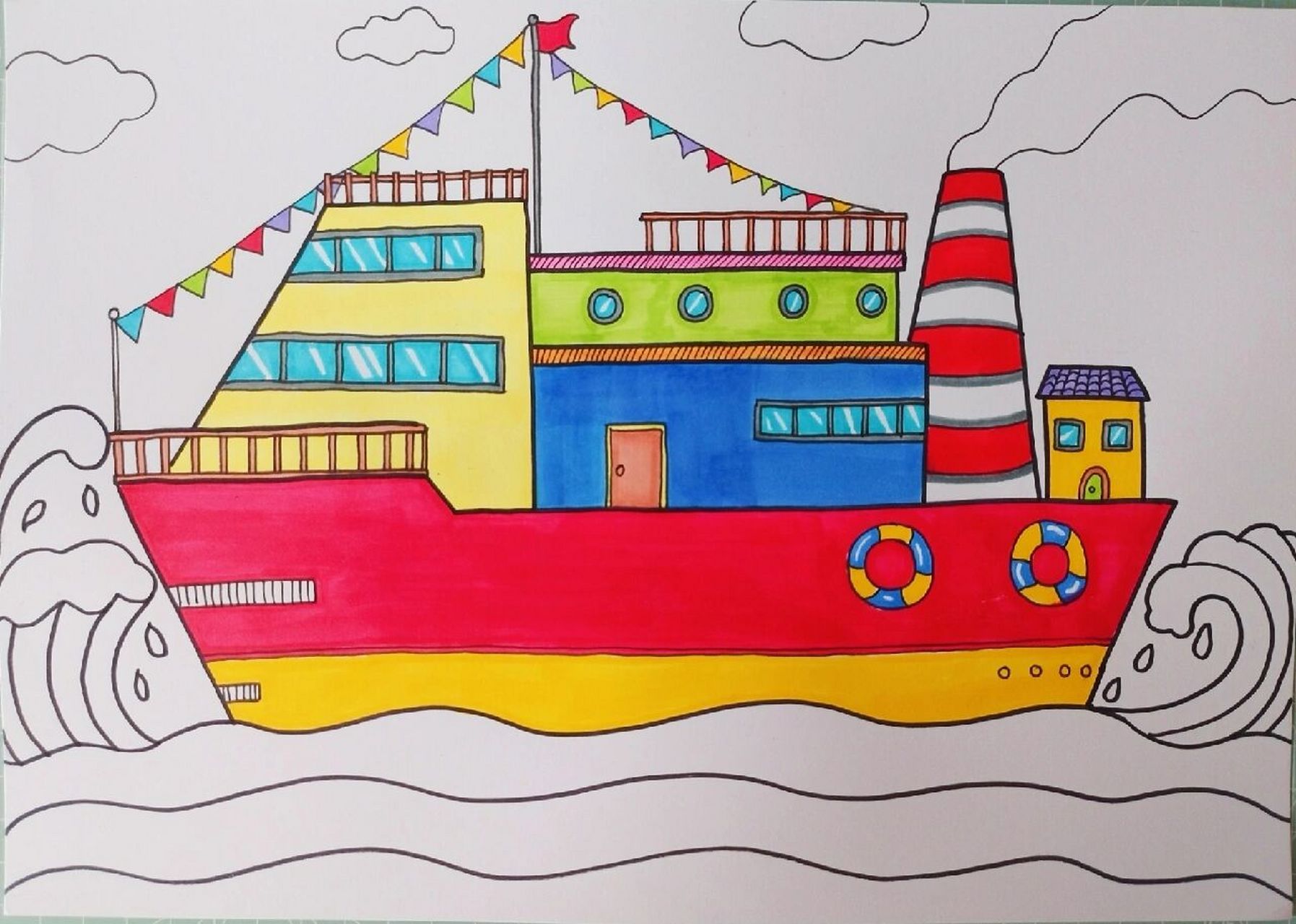 《轮船》 儿童画彩色的轮船