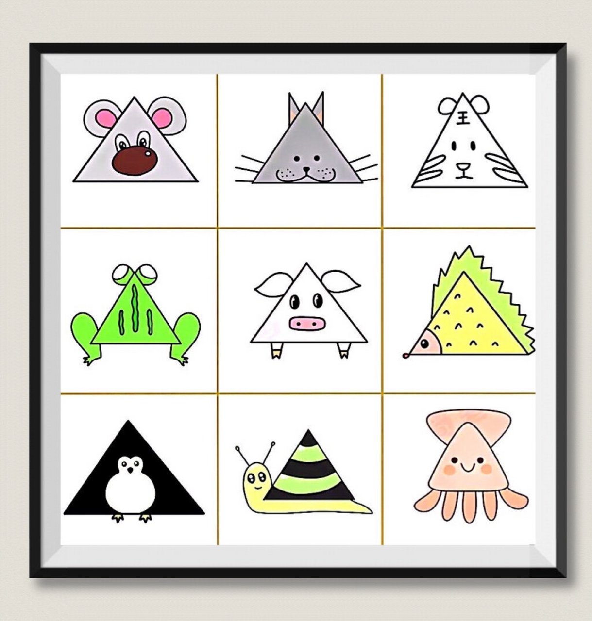 三角形的联想画 涂色 通过三角形来想象画一些自己喜欢的小动物