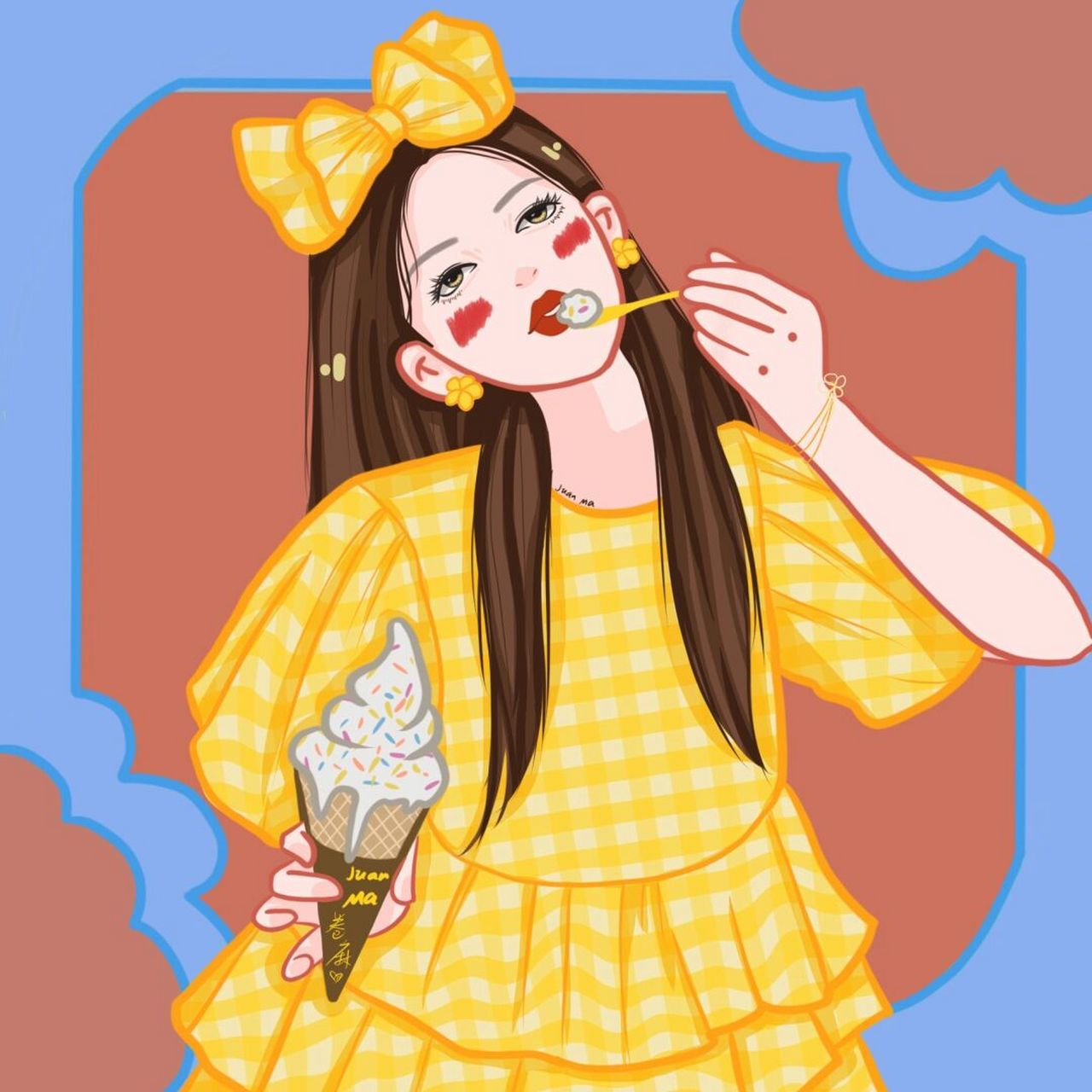 插画头像 | 黄色格子娃娃裙吃冰激凌小仙女 97今天还是很热丫～来口