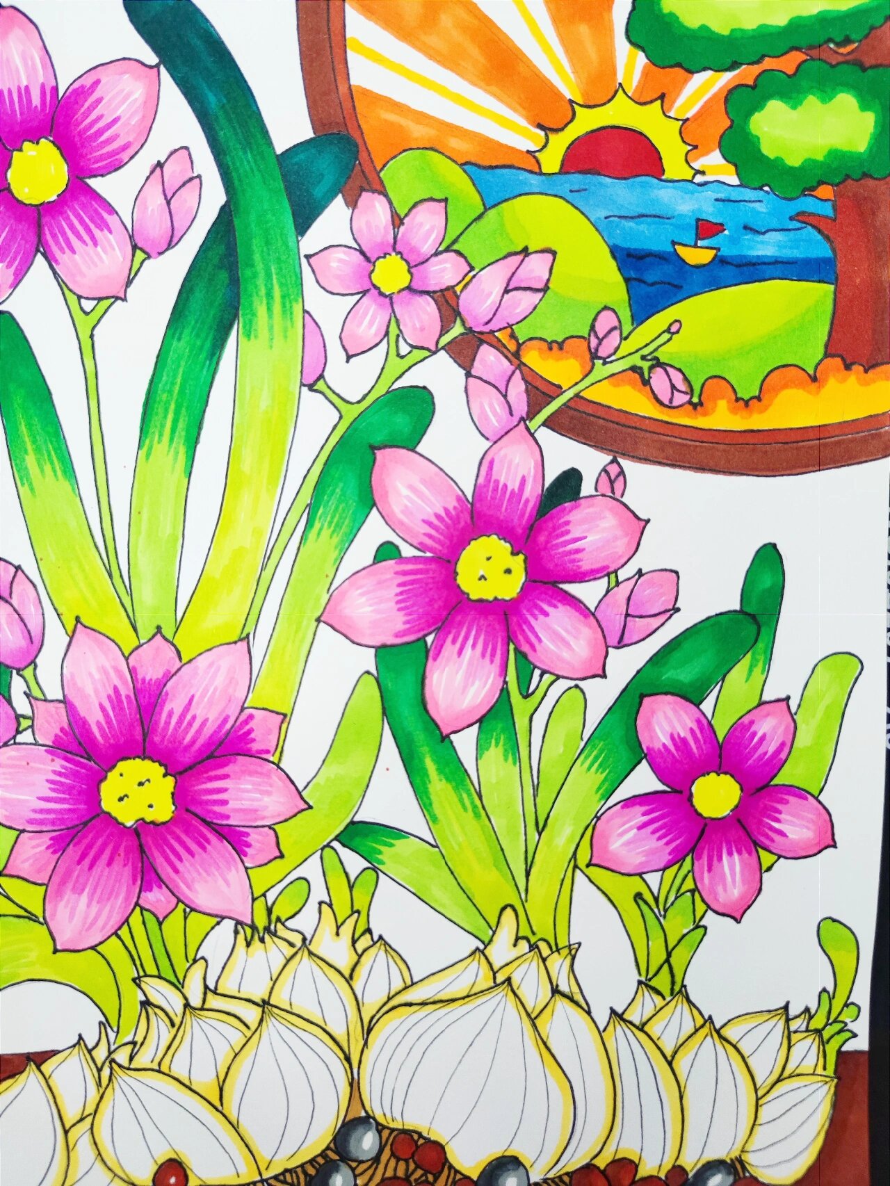 创意美术教程8-9岁|《水仙花》线描 马克笔