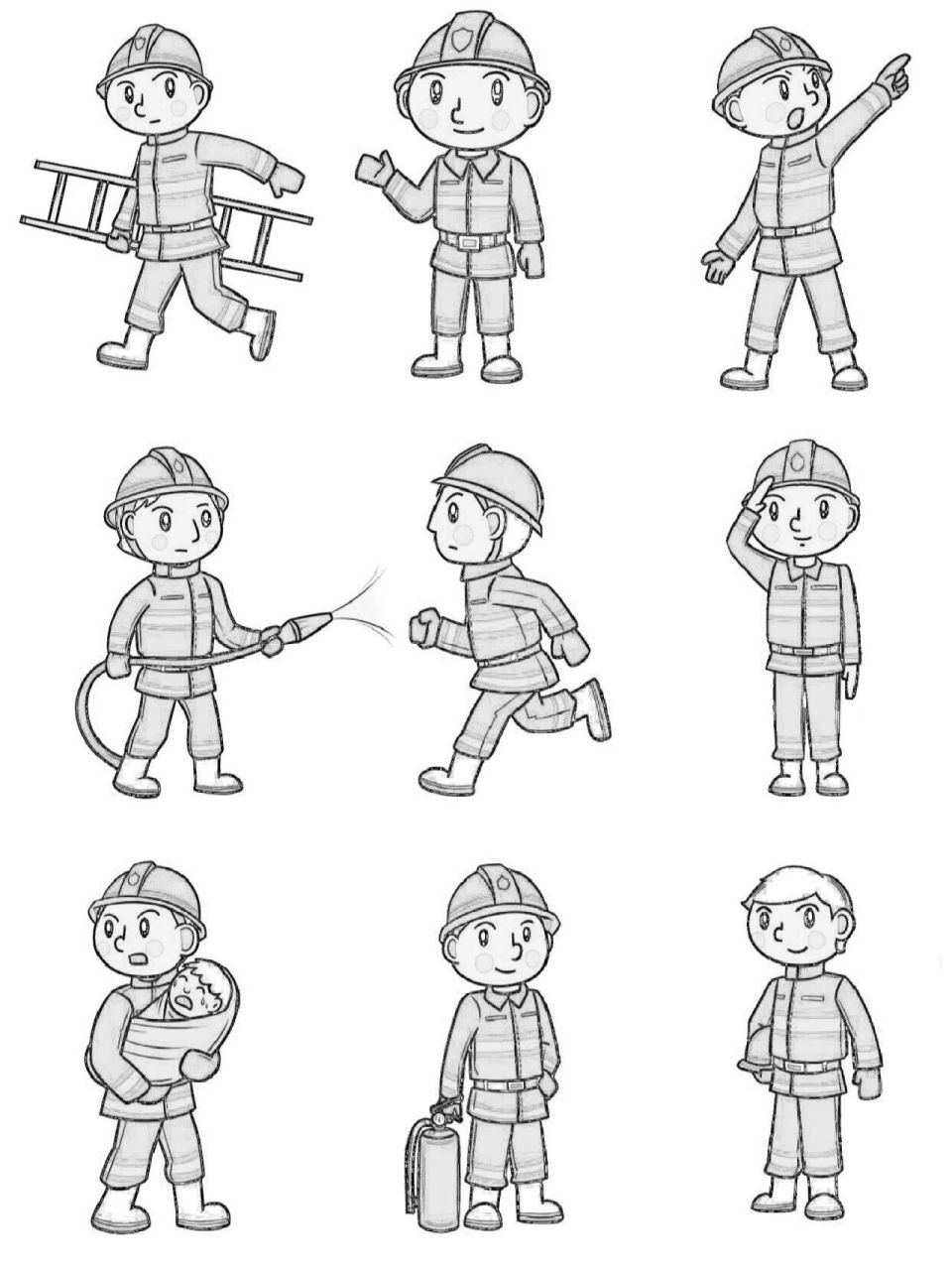 素材分享|卡通q版消防员手绘插画(附线稿) 为守万家灯火,护一方平安