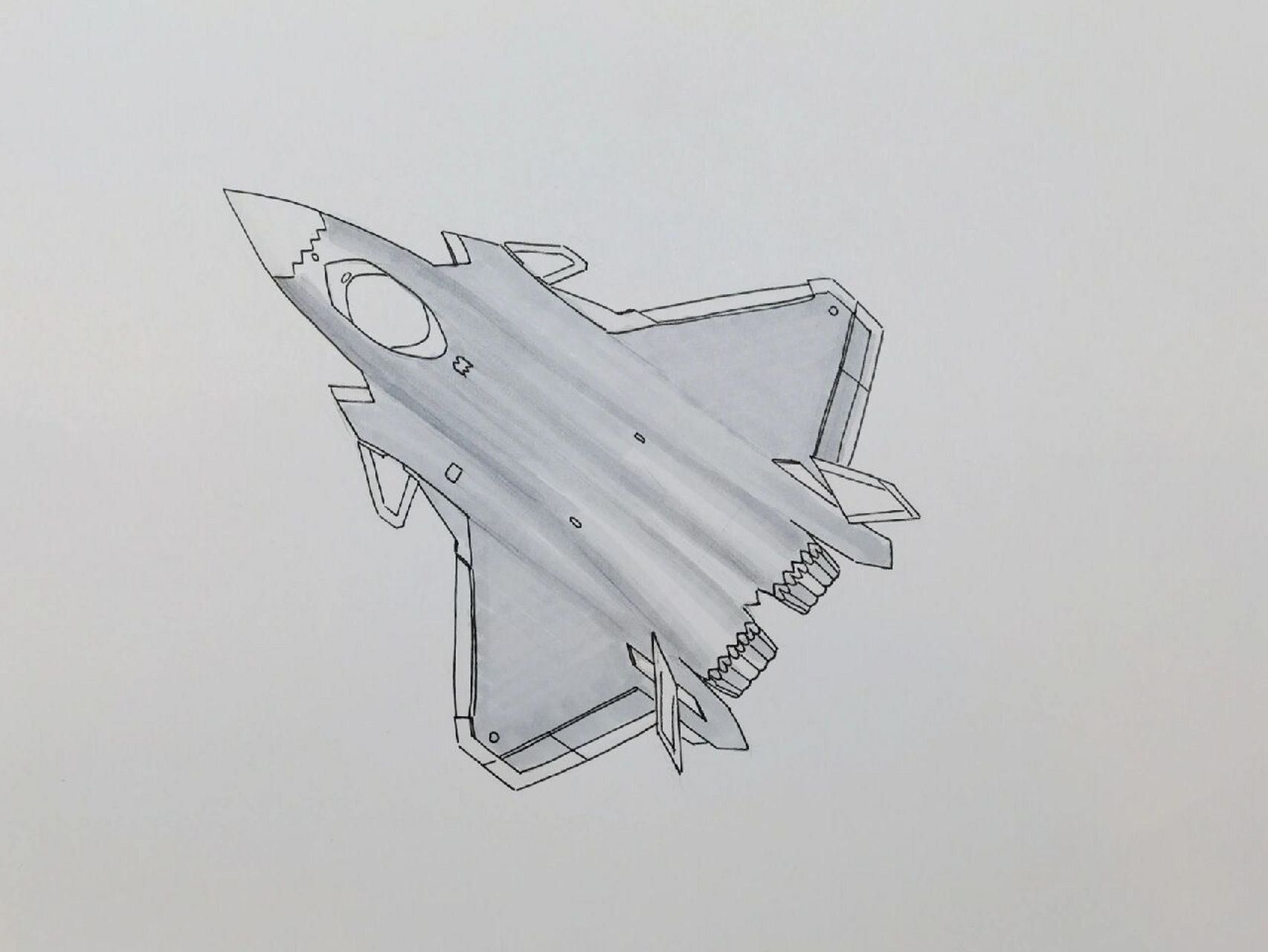 并剪下来 ④水彩纸画天空 ⑤将歼二零粘在天空中 ⑥丙烯马克笔画出尾