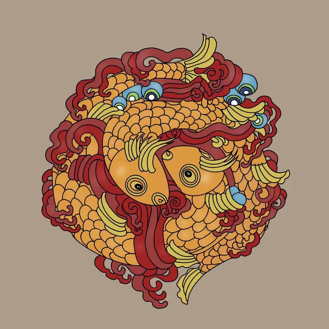金鱼,妙莲,宝瓶,右旋白螺,吉祥结,胜利幢,金轮组成,多以壁画,金银铜雕