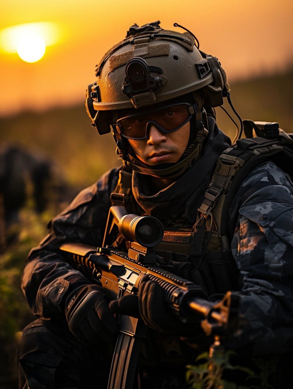 全副武装打扮特种部队士兵,穿着黑色战斗服,战术背心,战术手套