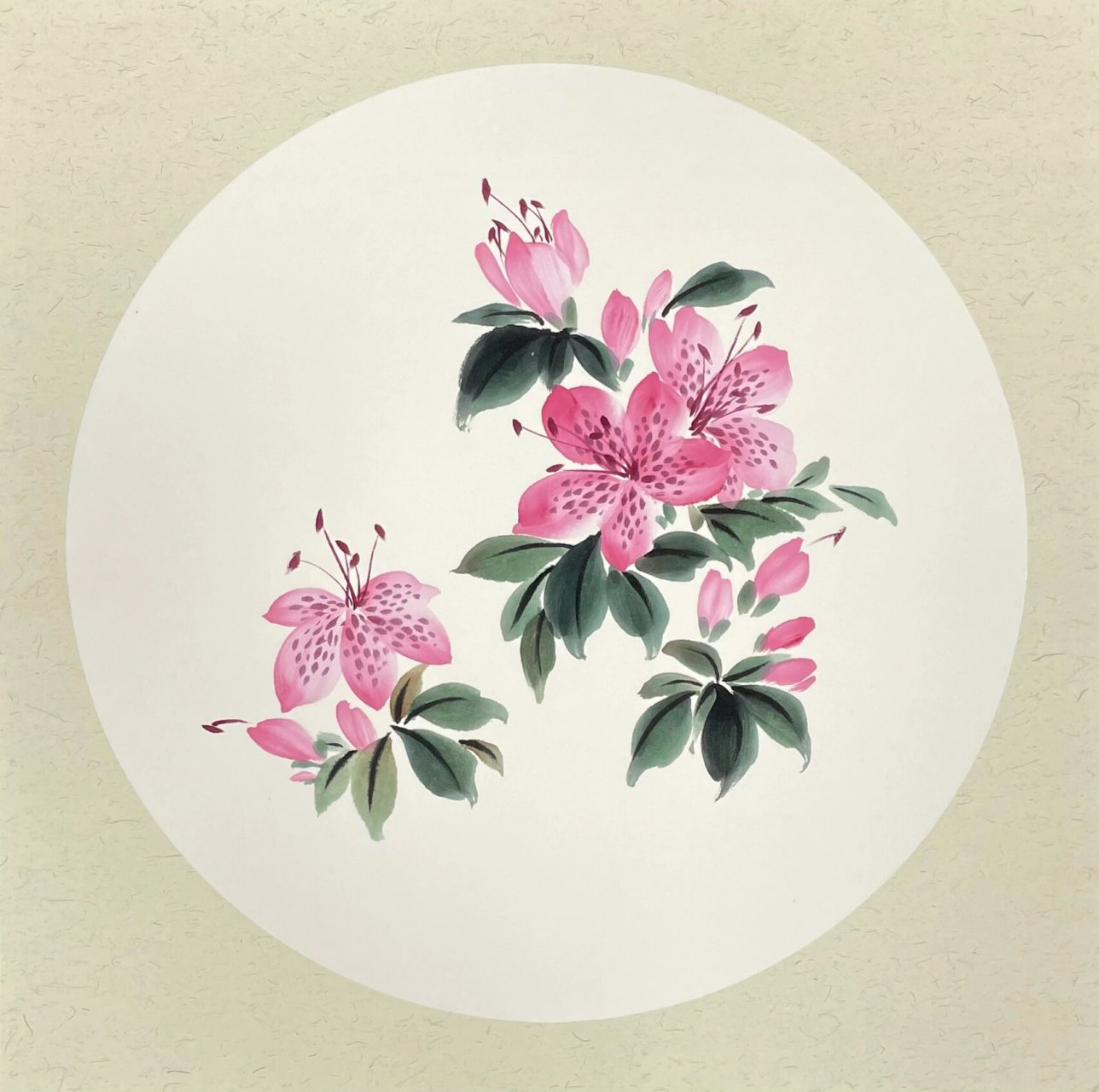 先画花头,用大号兼毫毛笔,调钛白在笔肚,再加少许曙红在笔尖.