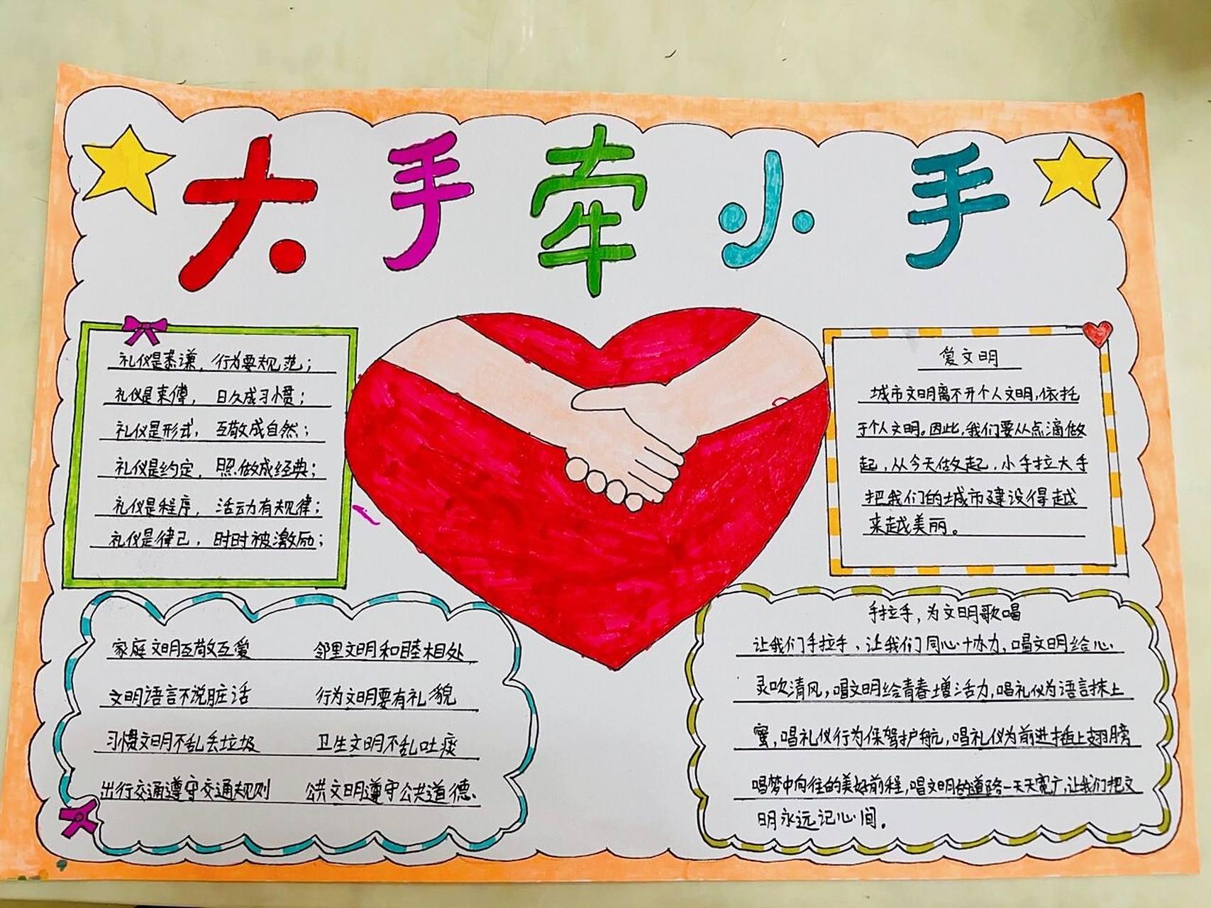 老师布置的第一个手抄报就是小手拉大手文明伴我行,这个算的上简易版