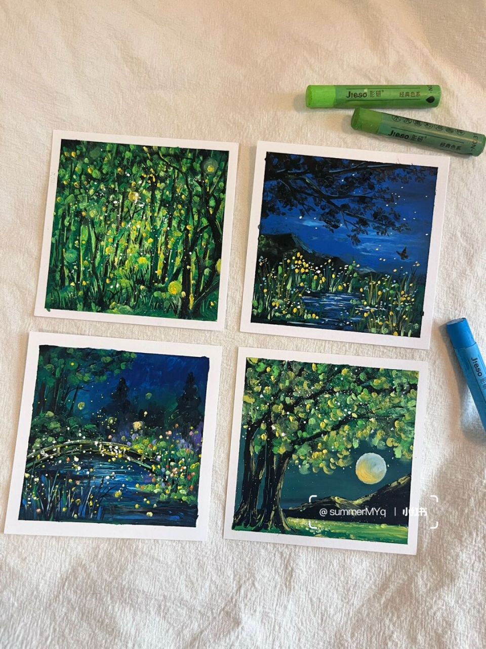 油画棒」夏日萤火 | 四宫格手绘风景 去夏天的夜晚叭 看星星78看