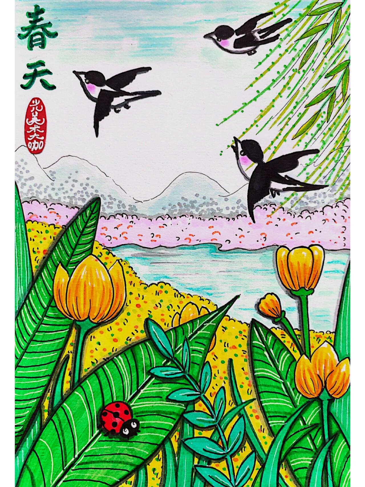 春天,创意美术课程儿童画分享