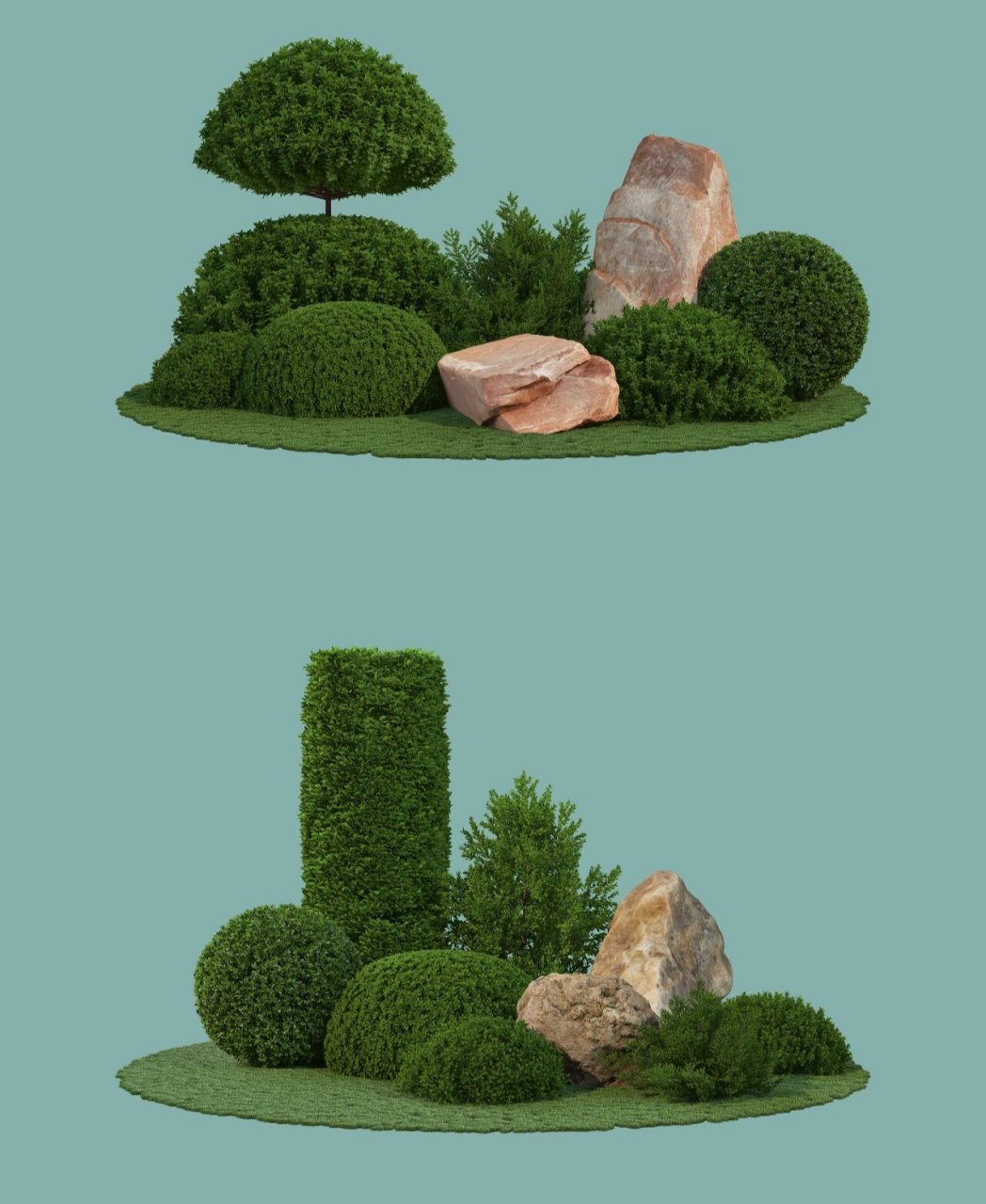 植物笔记>石头球状灌木组团 景观花镜庭院 球状灌木植物配合石头做