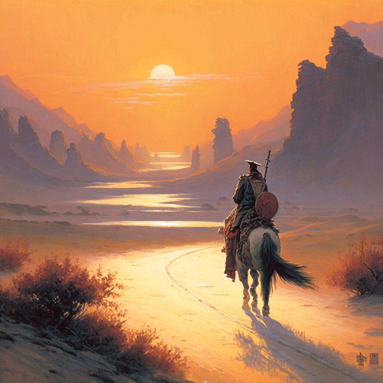 ai绘画:古道,西风,瘦马,孤独的人 midjourney ai绘画 prompt:古道