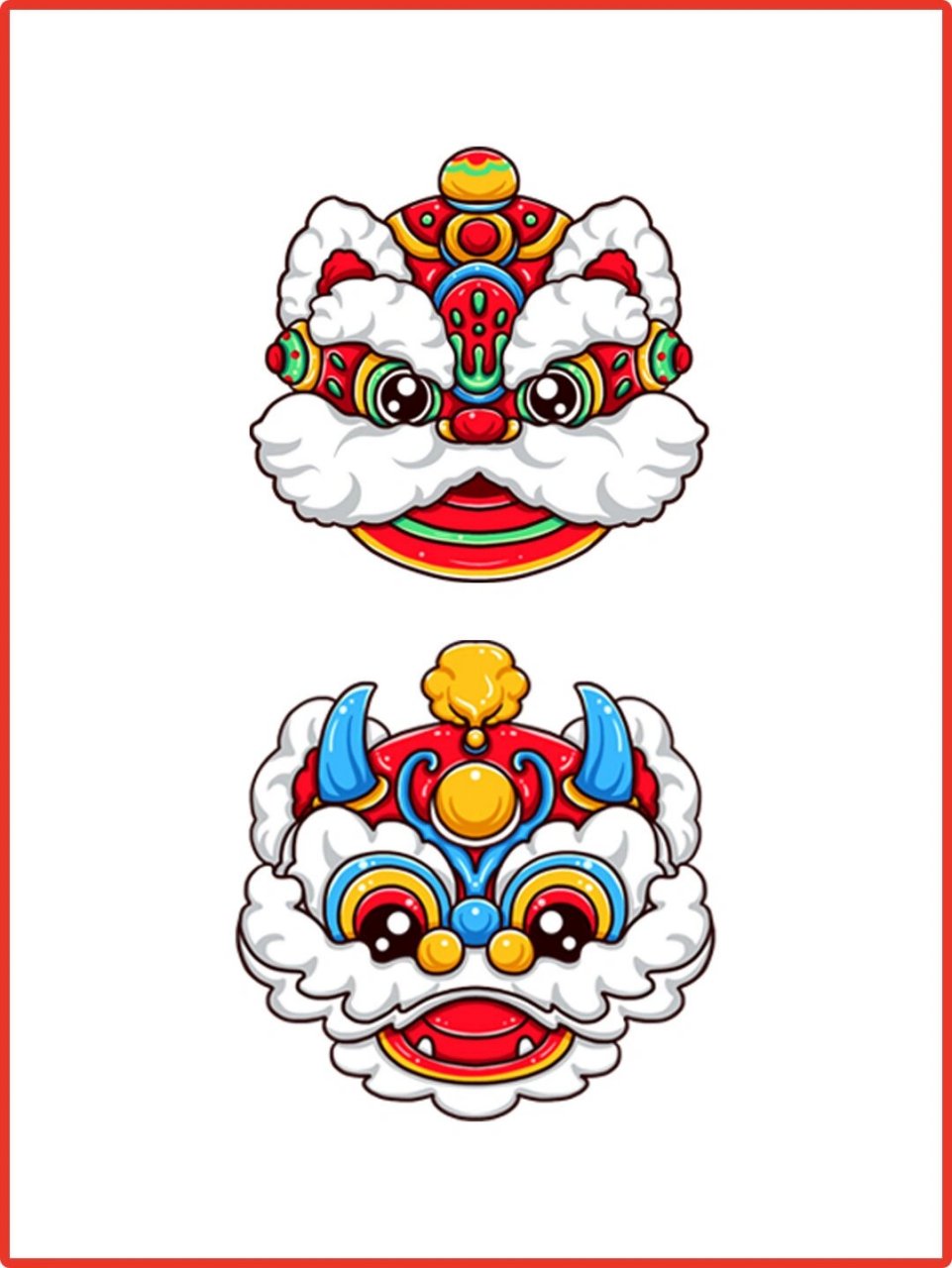 新年元旦醒狮舞狮狮子头丨贴纸免扣素材 96醒狮元素是春节龙年新年