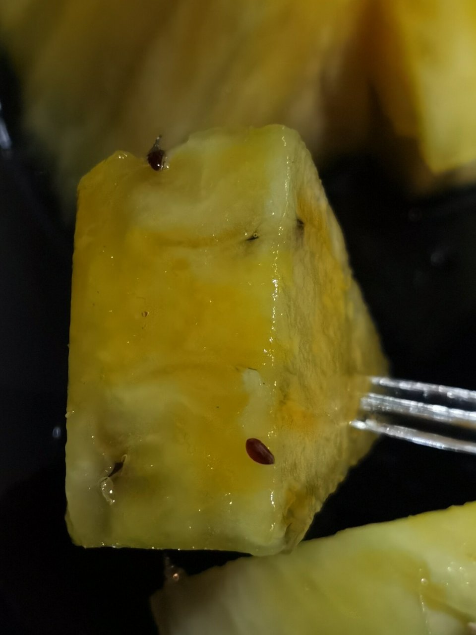 我以前吃没见过这么多 最多也是刺那里有一点点 这一盒菠萝每一块都有