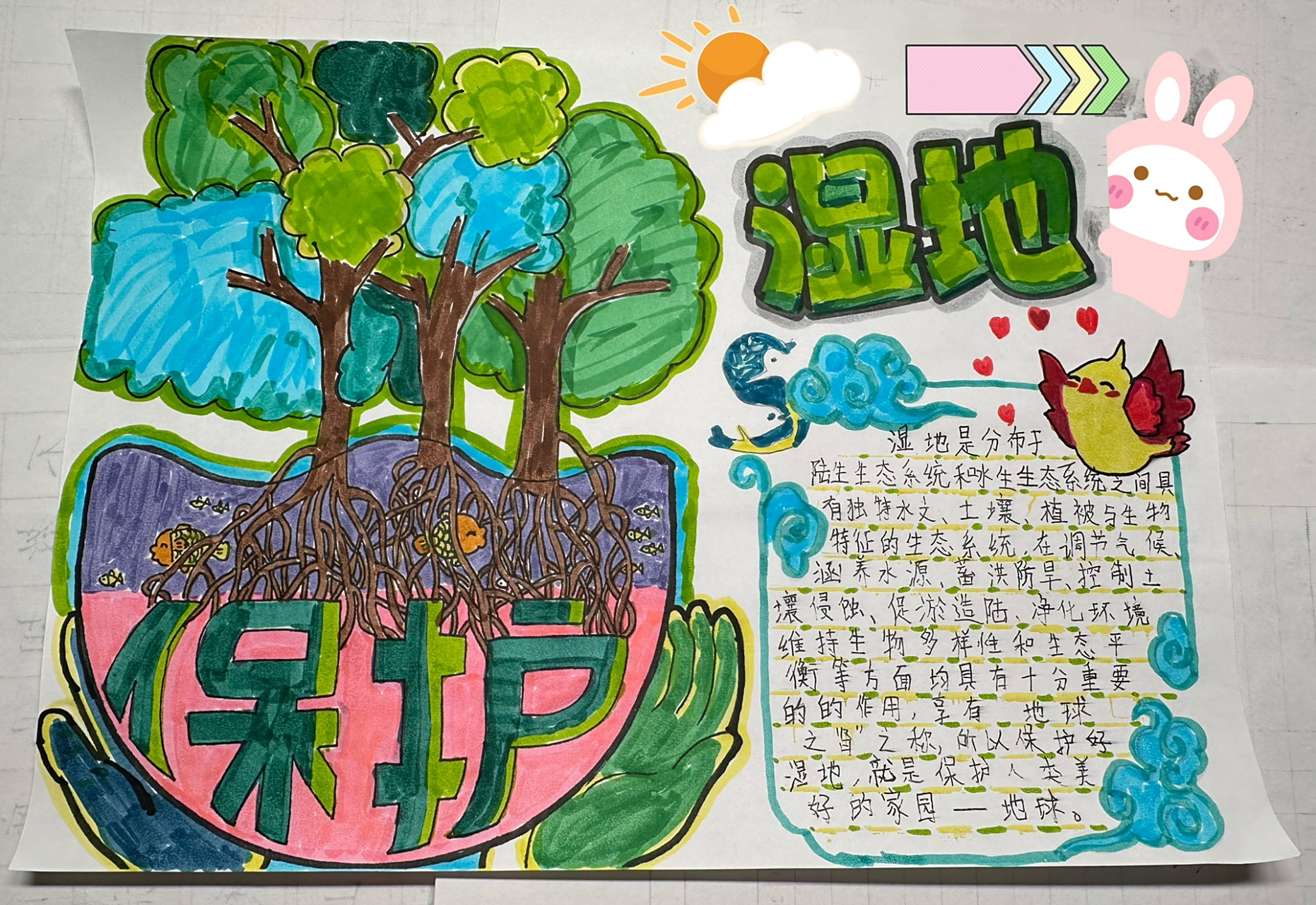 2023年的寒假作业,手抄报保护湿地 真的不会画画哎!