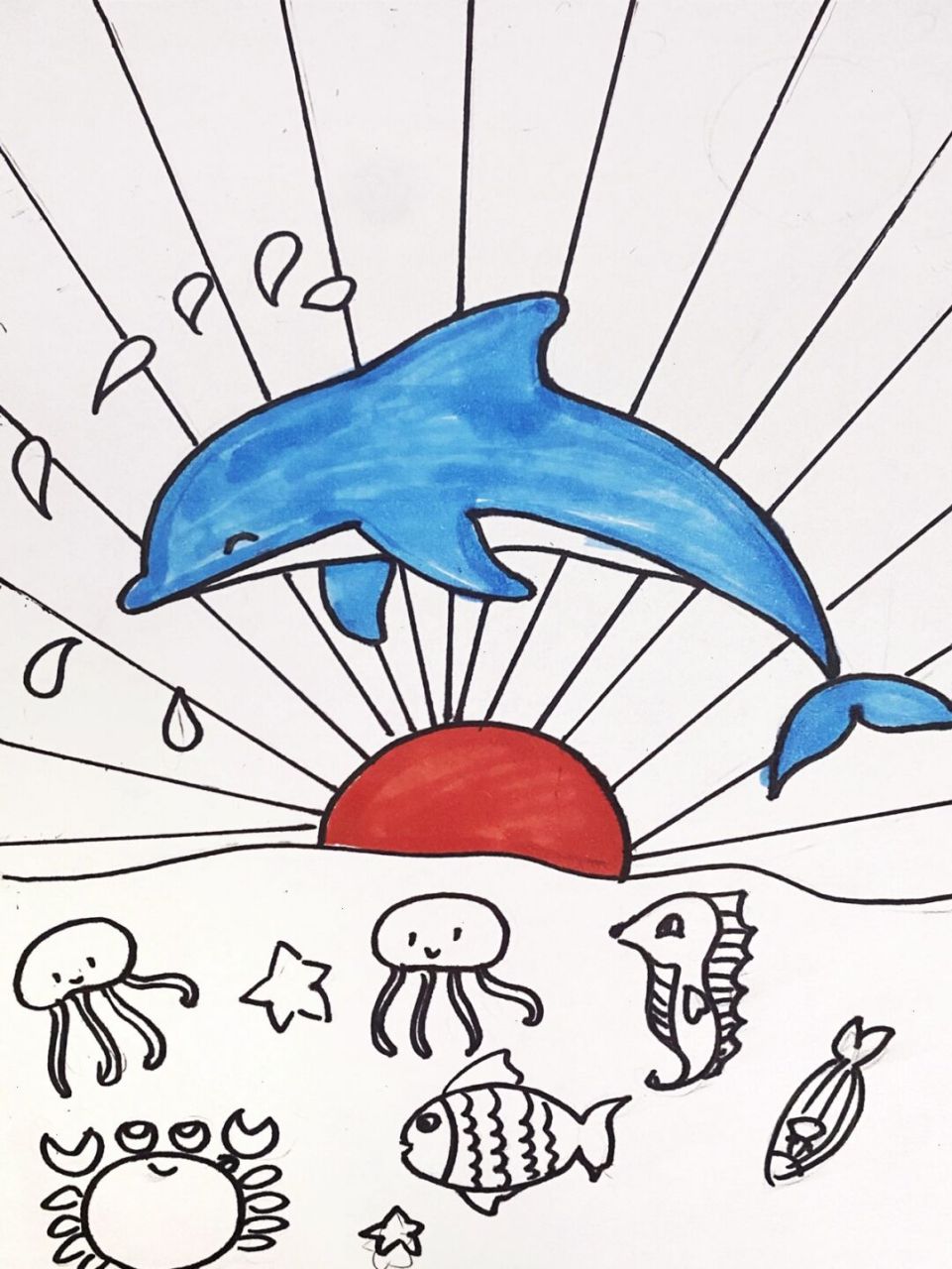 海豚儿童画 #卡通画# #儿童画# #马克笔# #创意儿童画# #海豚创意画